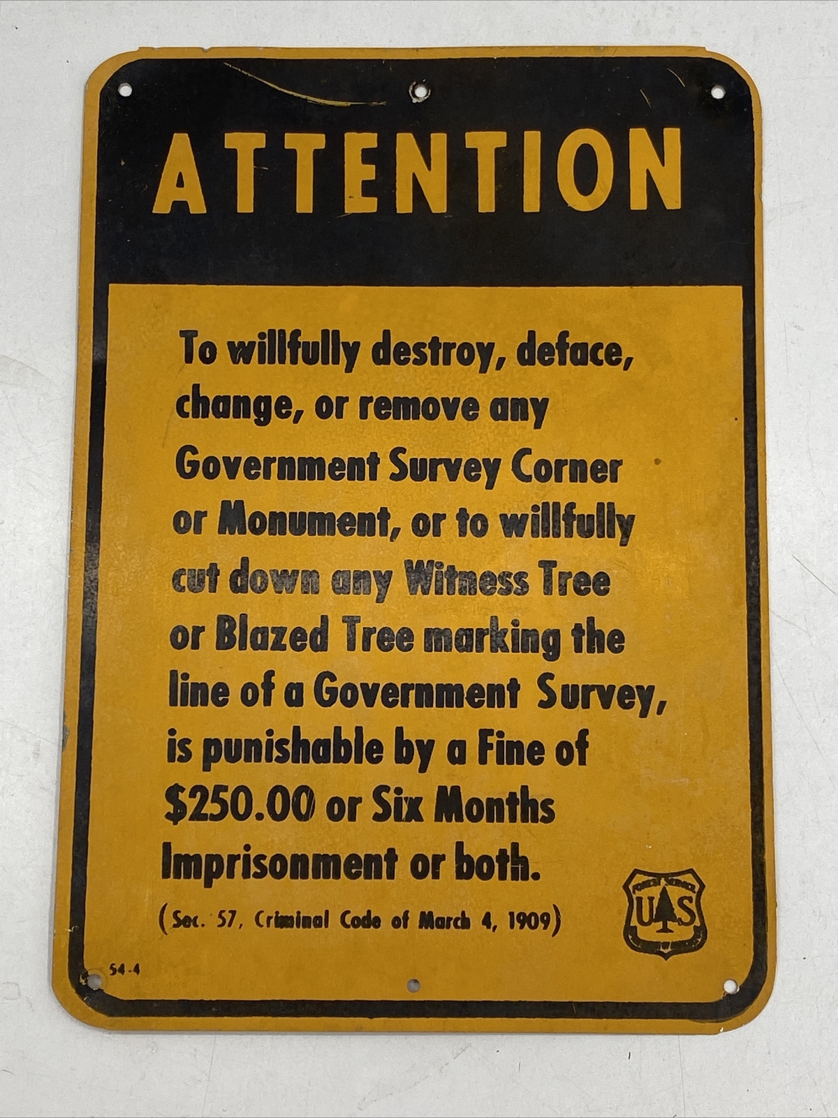 NOS VINTAGE SIGN GOVERNMENT SURVEY CRIMINAL WARNING US FOREST SERVICE DEPARTMENT