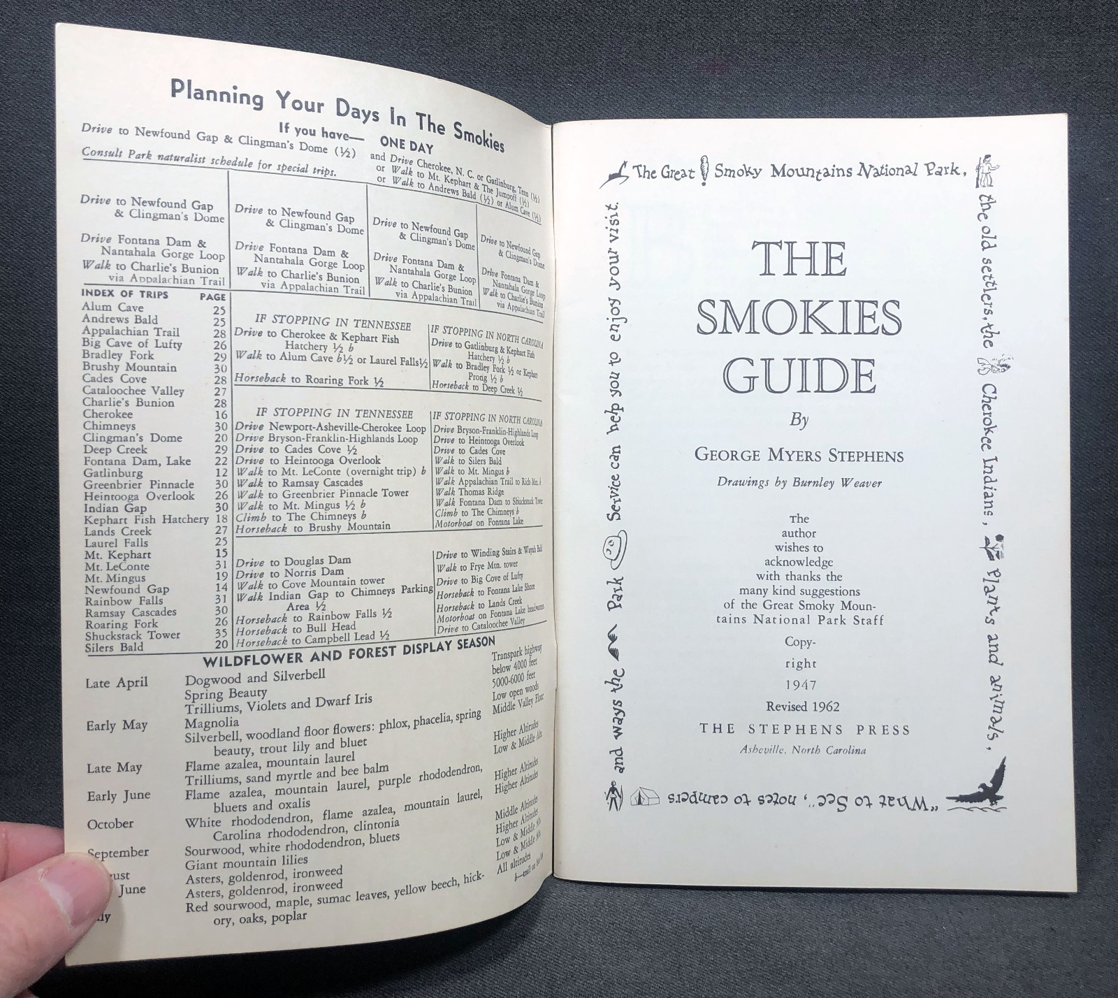 1962 The Smokies Guide George Myers Stephens National Park Old Booklet