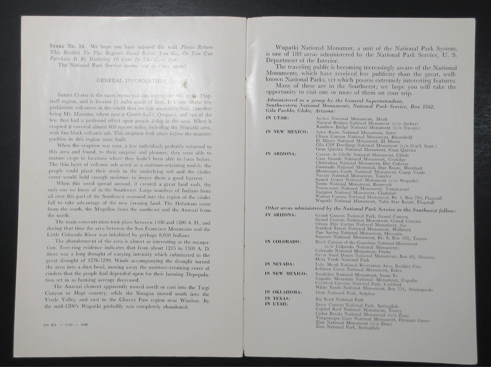 1956 Wupatki National Monument Guide to Ruins Trail to Citadel – Nalakihu