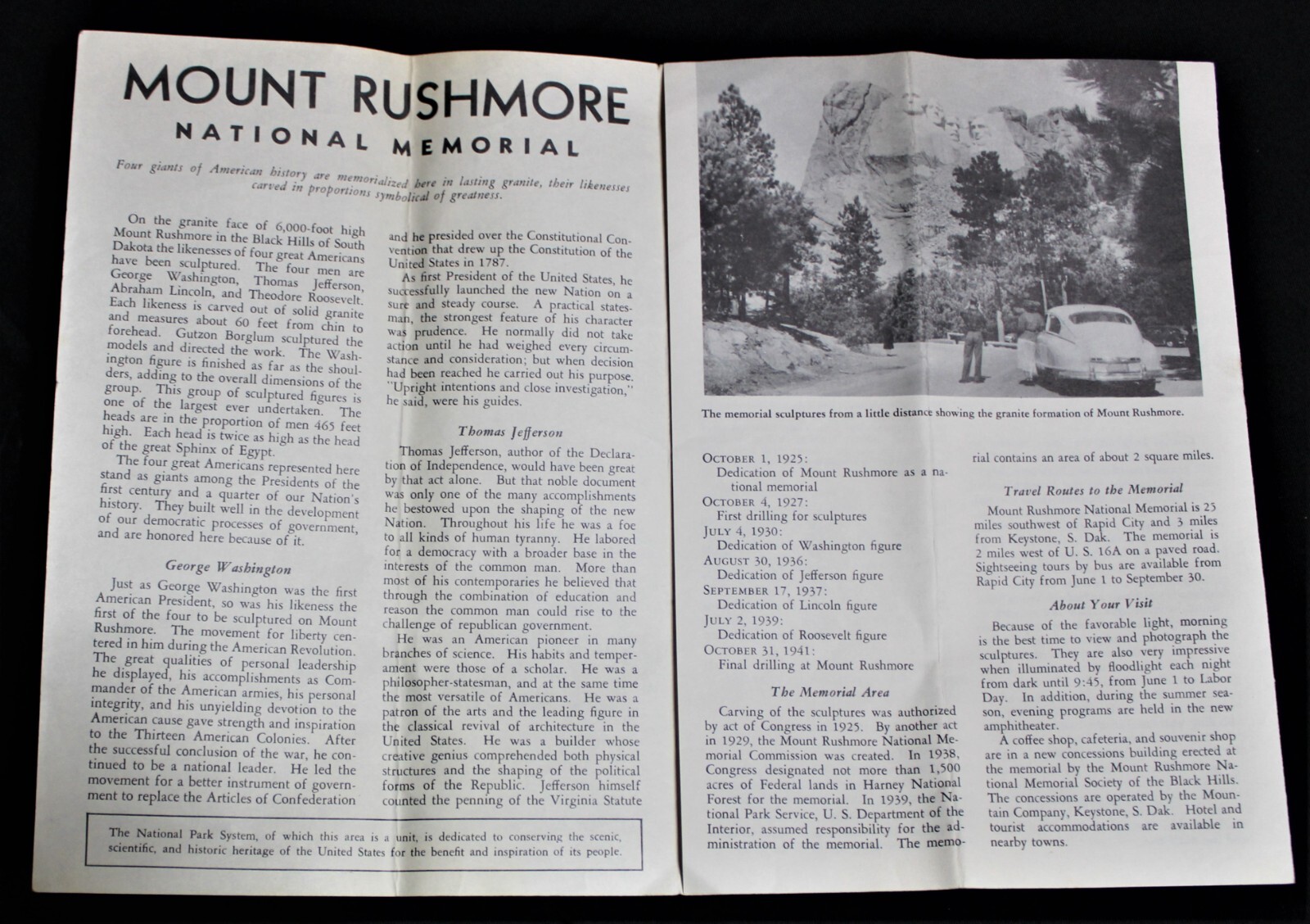MOUNT RUSHMORE NATIONAL MEMORIAL SOUTH DAKOTA OFFICIAL SOUVENIR BROCHURE 1958