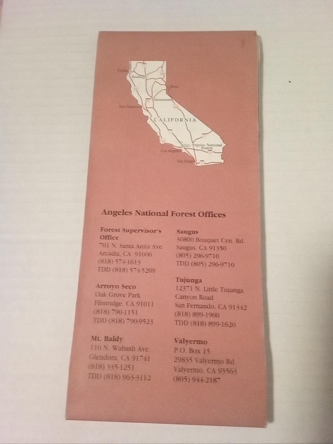 Vintage Angeles National Forest Map US Dept of Agriculture 1995 Camping