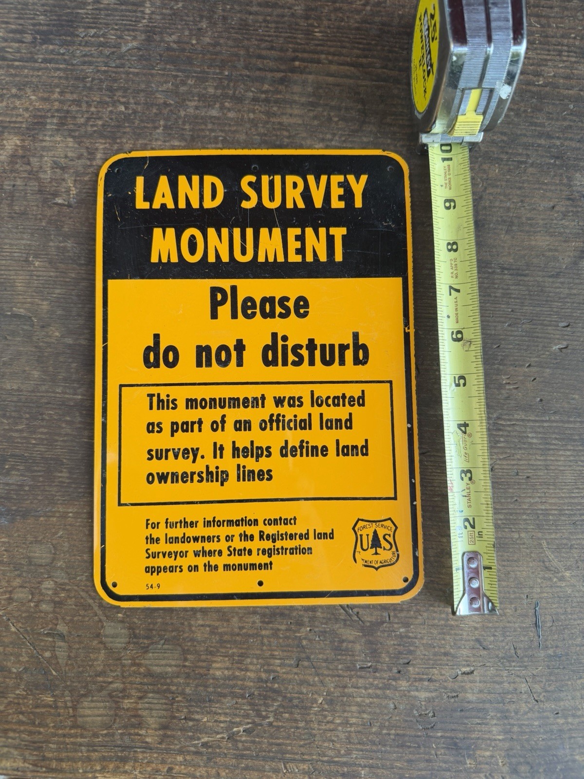 Vintage US Forest Service Land Survey Monument Sign 10″ x 7″. Nice
