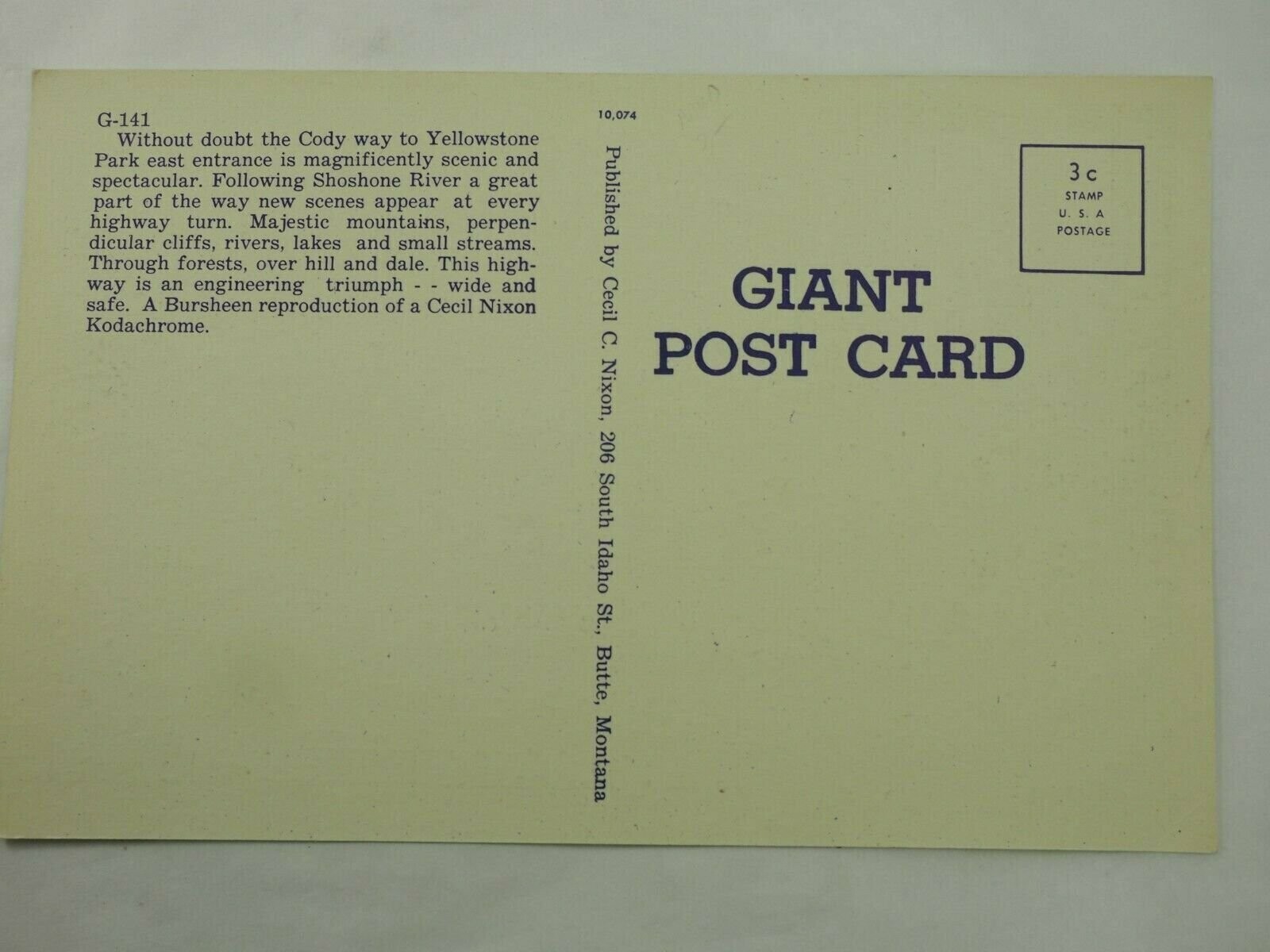 Scenic Route to East Entrance Yellowstone Park G-141 Giant Post Card