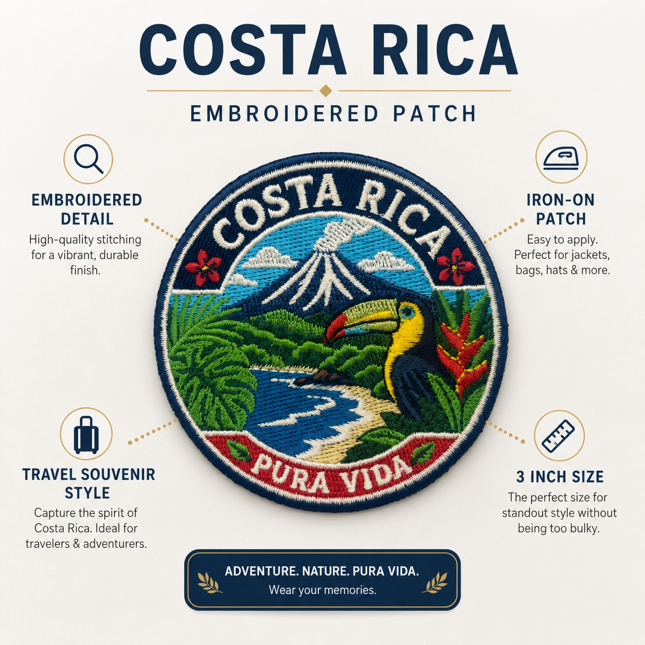 Costa Rica Pura Vida Embroidered Patch 3 Inch Iron On Travel Souvenir Toucan