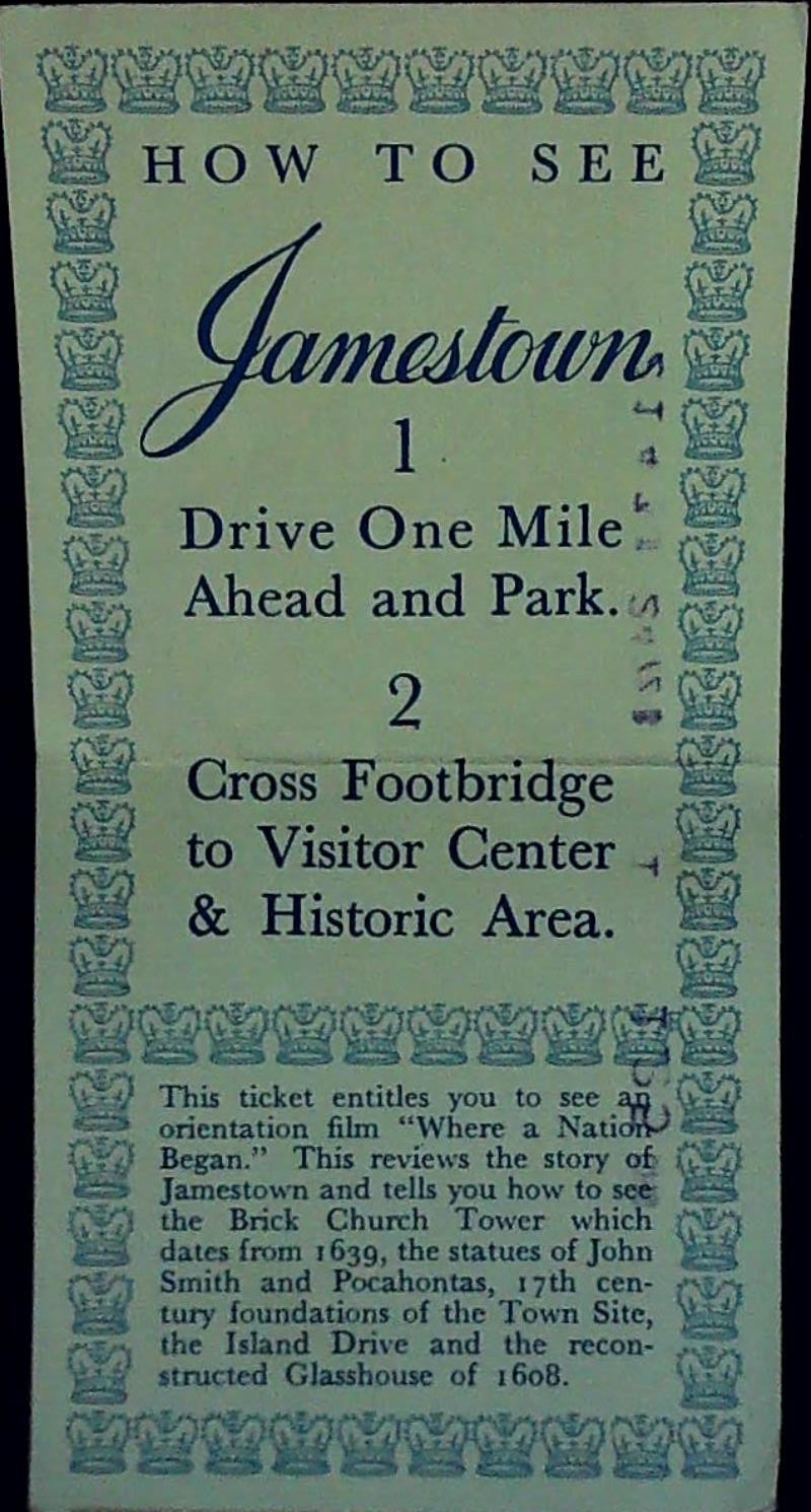 Jamestown Island National Park Entry Ticket Stub Visitor Center Stamp 7/24/1972