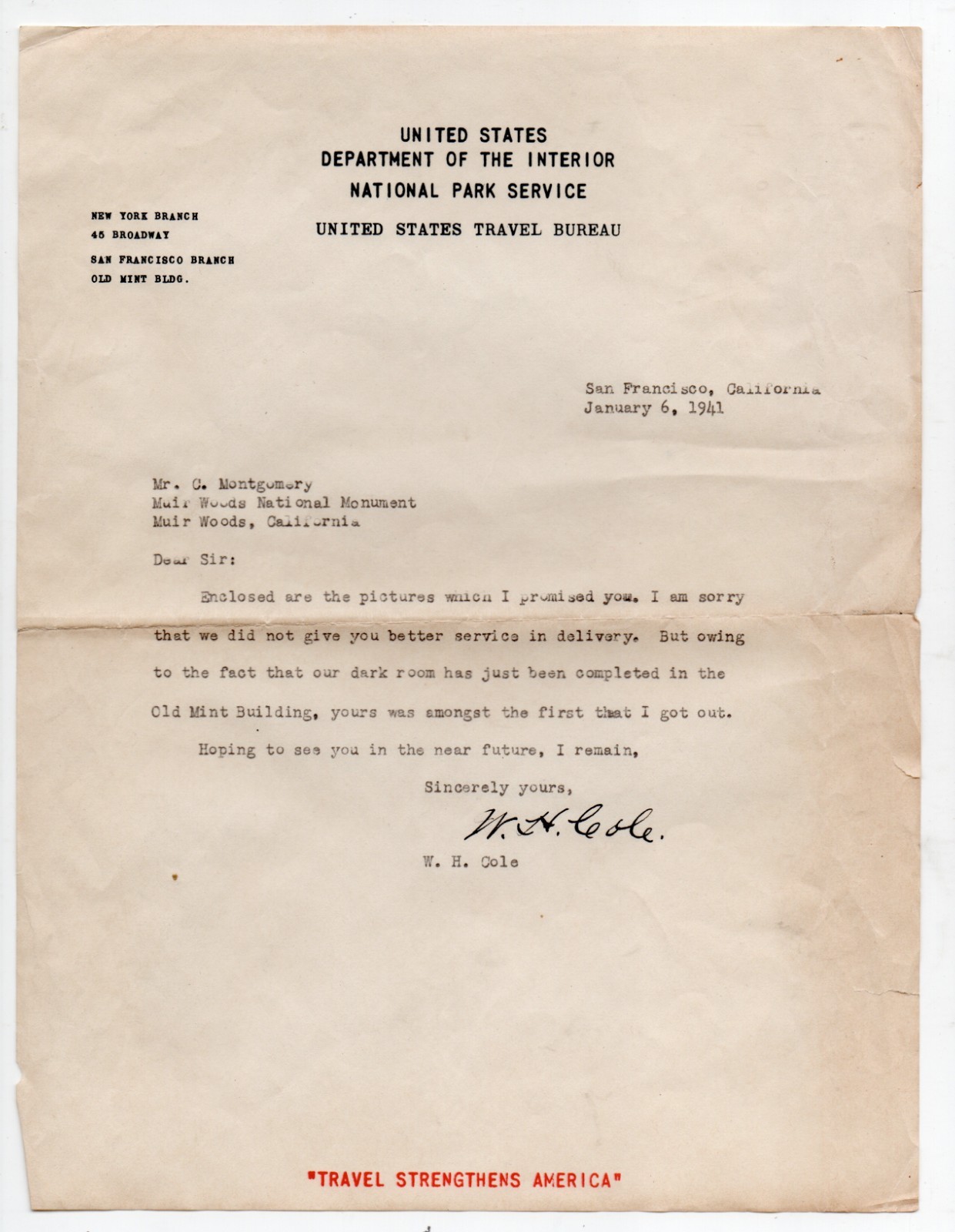 1941 Letter National Park Service at US Mint SF to Muir Woods regarding Photos