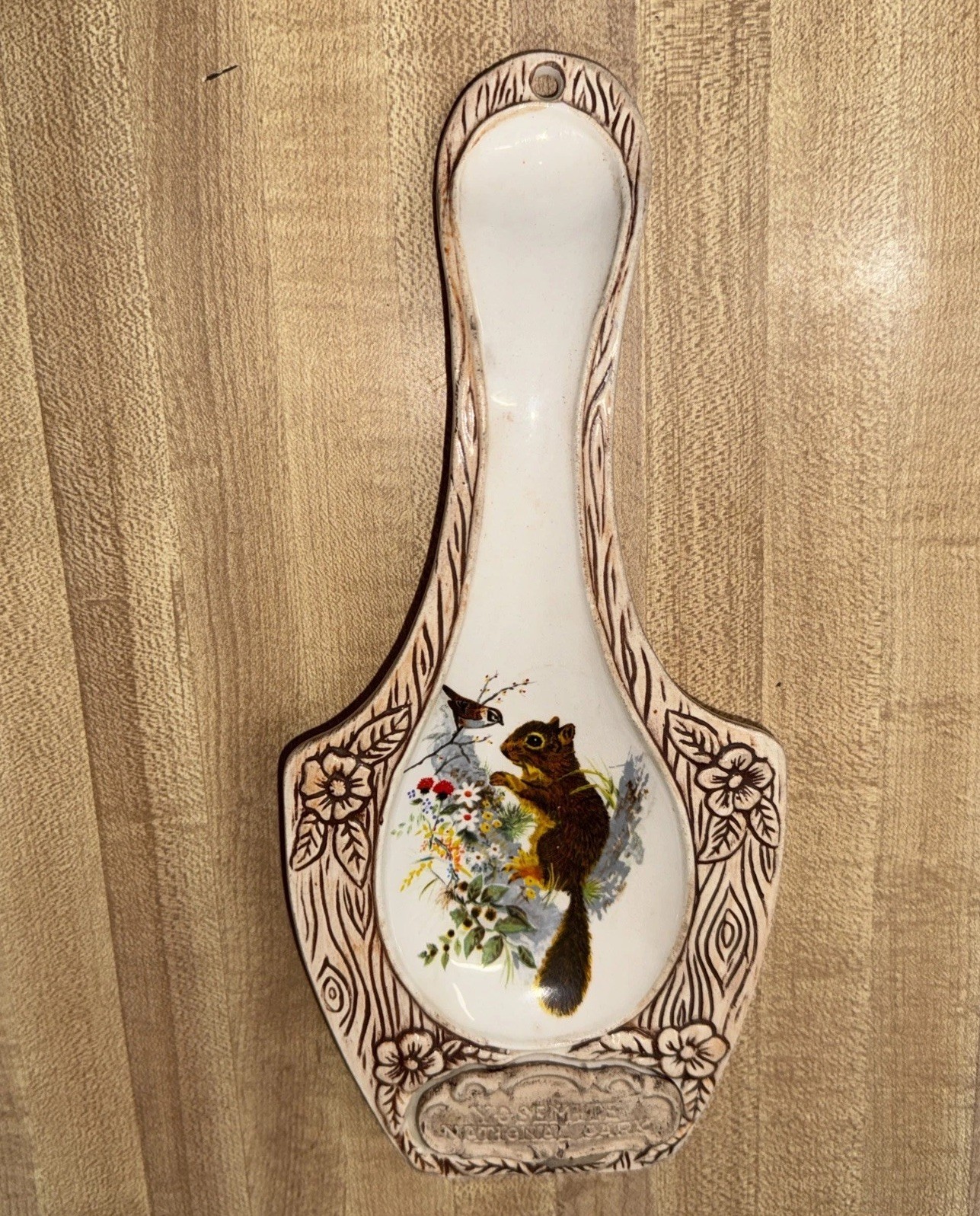 Yosemite Nat’l Pk Squirrel W/Bird Spoon Rest Lg. Ceramic Rustic-Look USA Made