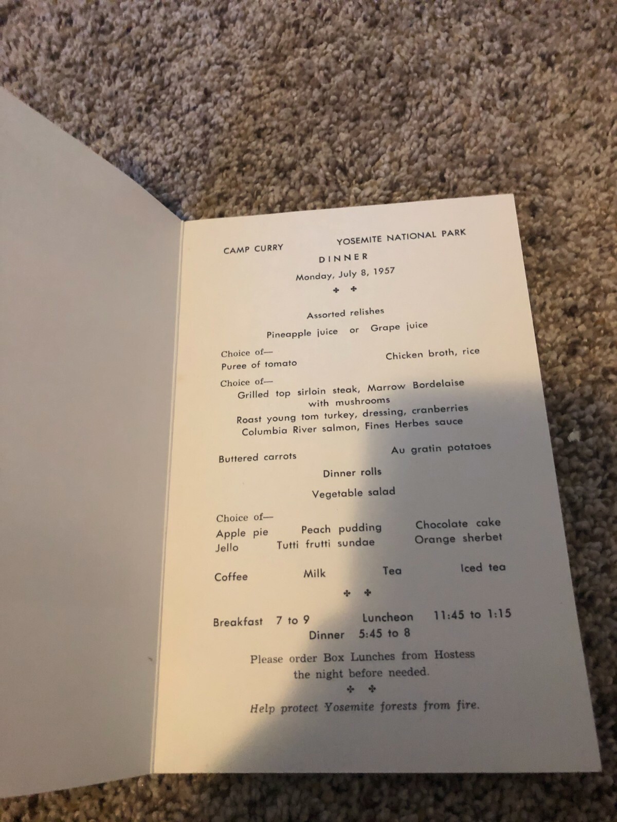 1957 Camp Curry Yosemite Dinner Menu showing Unicorn Coxcomb & Echo Peaks