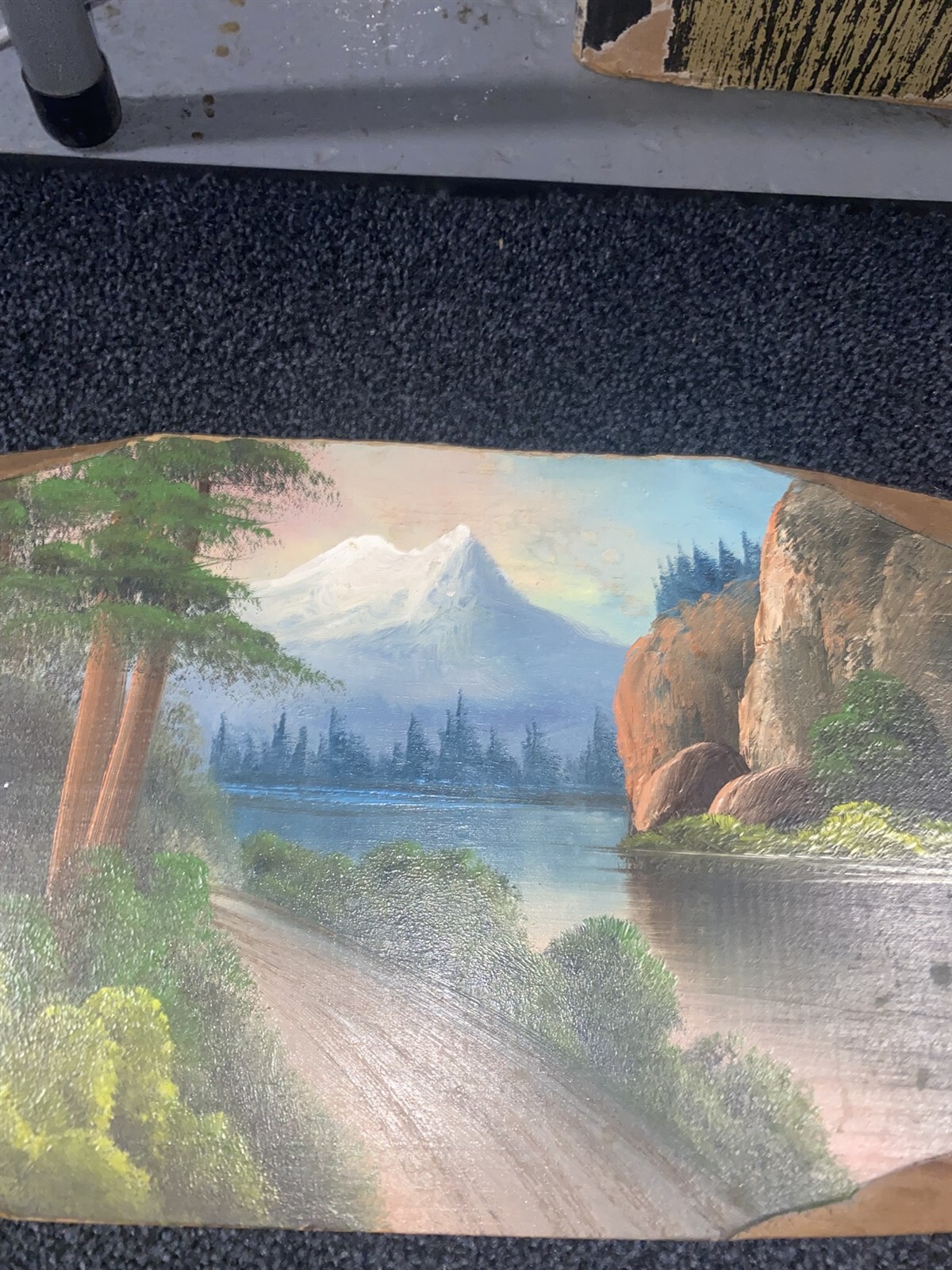 1937 Glacier National Park slab wood painting Mountain Lake 15 1/8″ by 7 5/8″