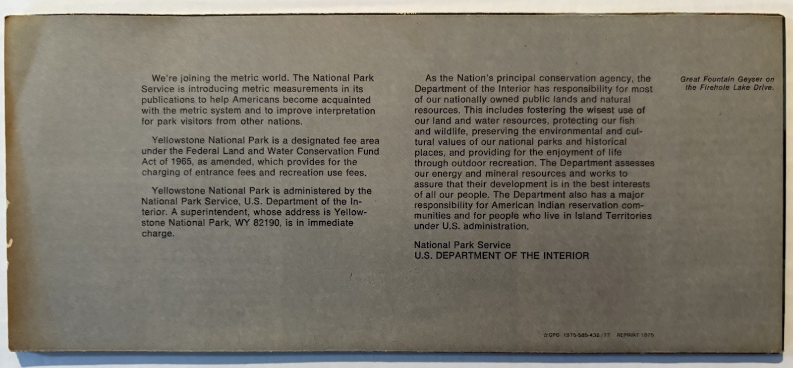 1975 Yellowstone National Park Tourist Visitors Guide & Map Brochure