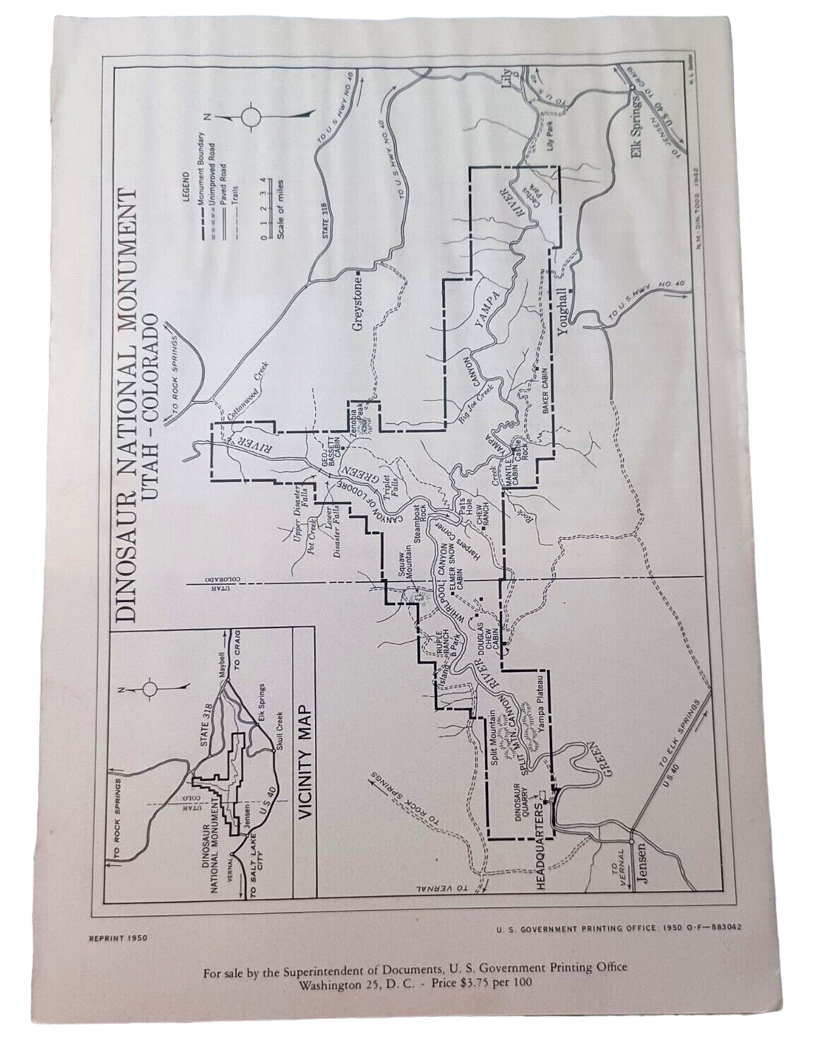 1950 Dinosaur National Monument US Park Service Brochure Map Colorado Utah