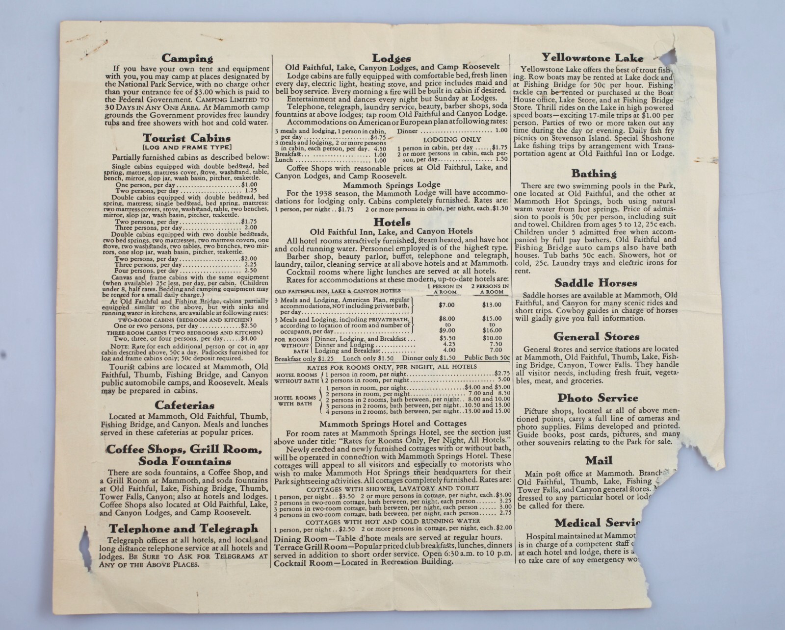 Vintage 1938 Yellowstone Park Accommodations Services Brochure Pamphlet