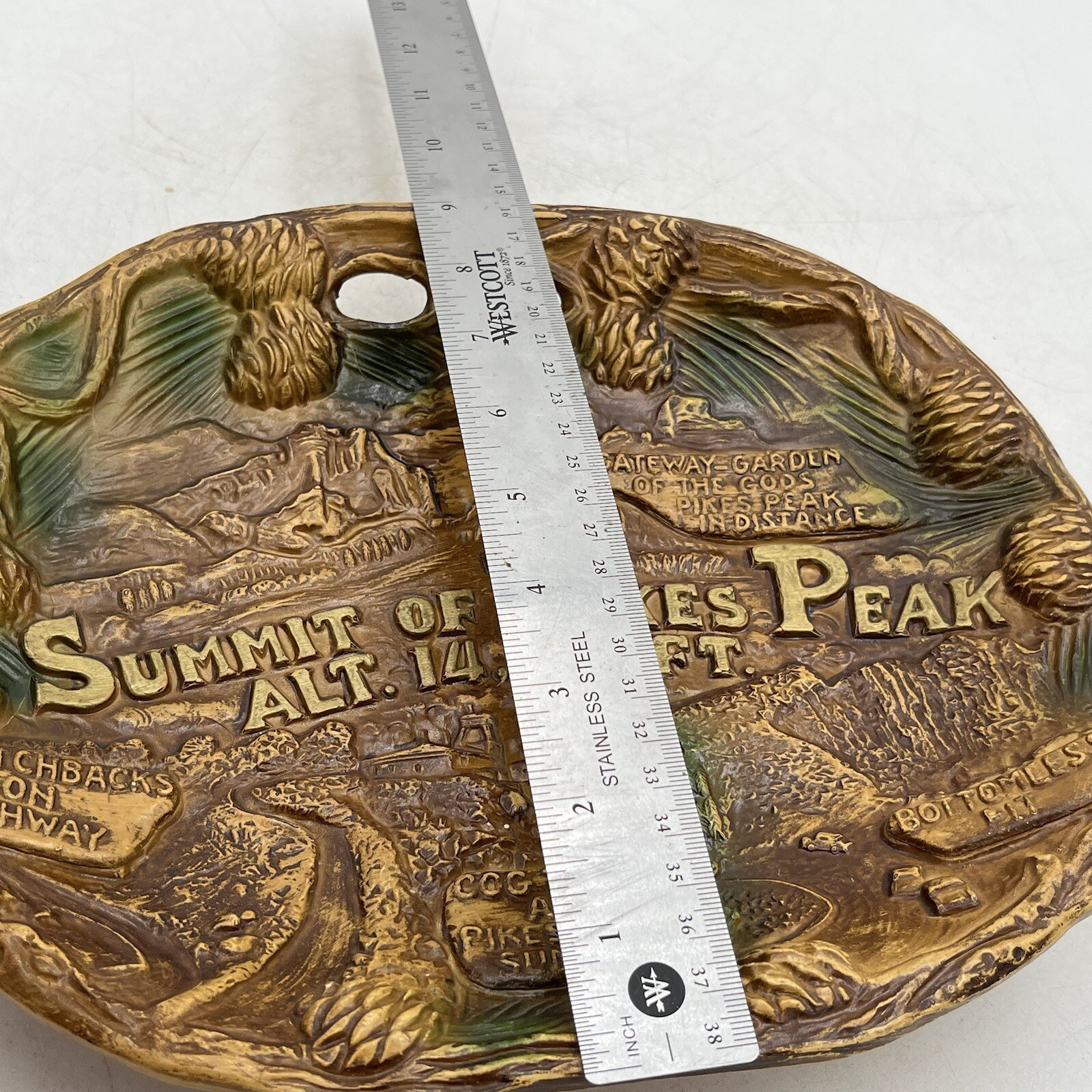 Vintage Pikes Peak Region Souvenir Faux Wood Bowl Plate Wall Hanging
