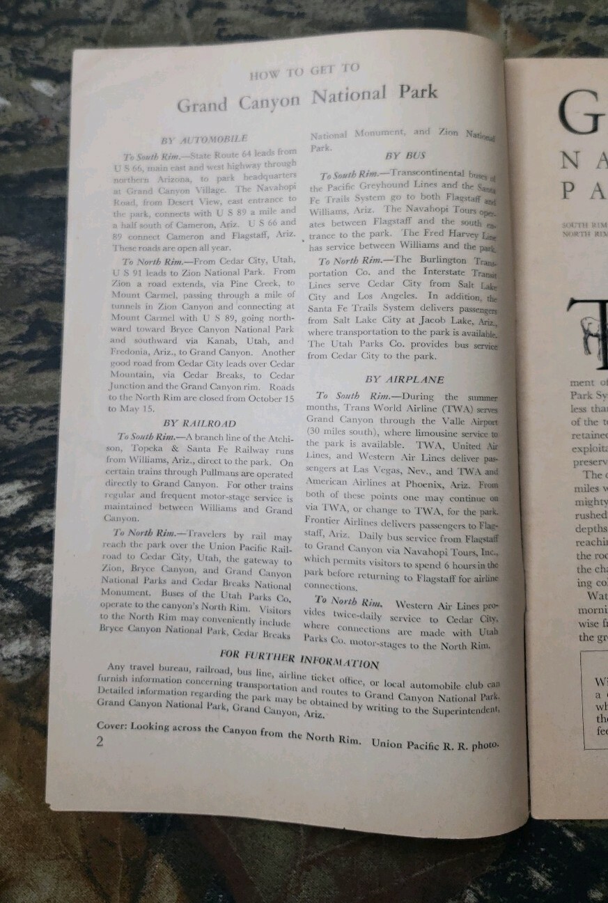 Vintage 1954 National Park Service Grand Canyon Tourism Pamphlet Book