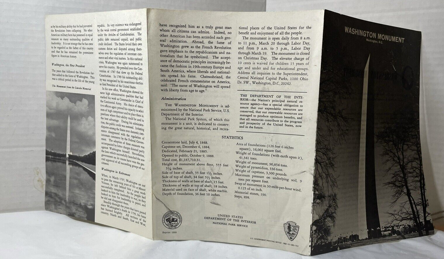1968 Washington Monument brochure History Dept of Interior Nat’l Park Service