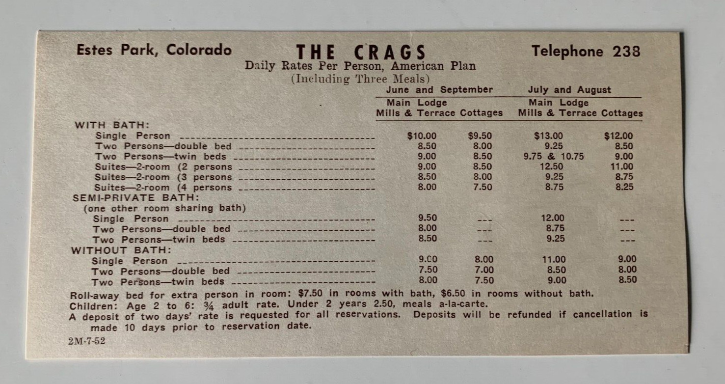Vintage 1953 Estes Park Colorado Crags Hotel Brochure Letterhead & Rate Card