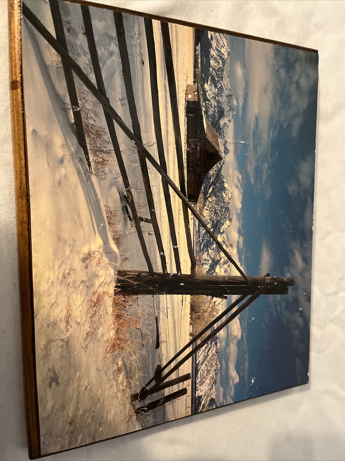 VINTAGE Snowy Mountain Log Cabin National Park Winter Scene WOODEN WALL PICTURE