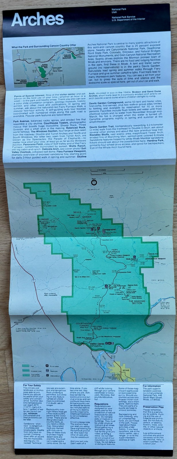 Arches National Park vintage brochure map + trail, auto tour, isle-in-sky guides