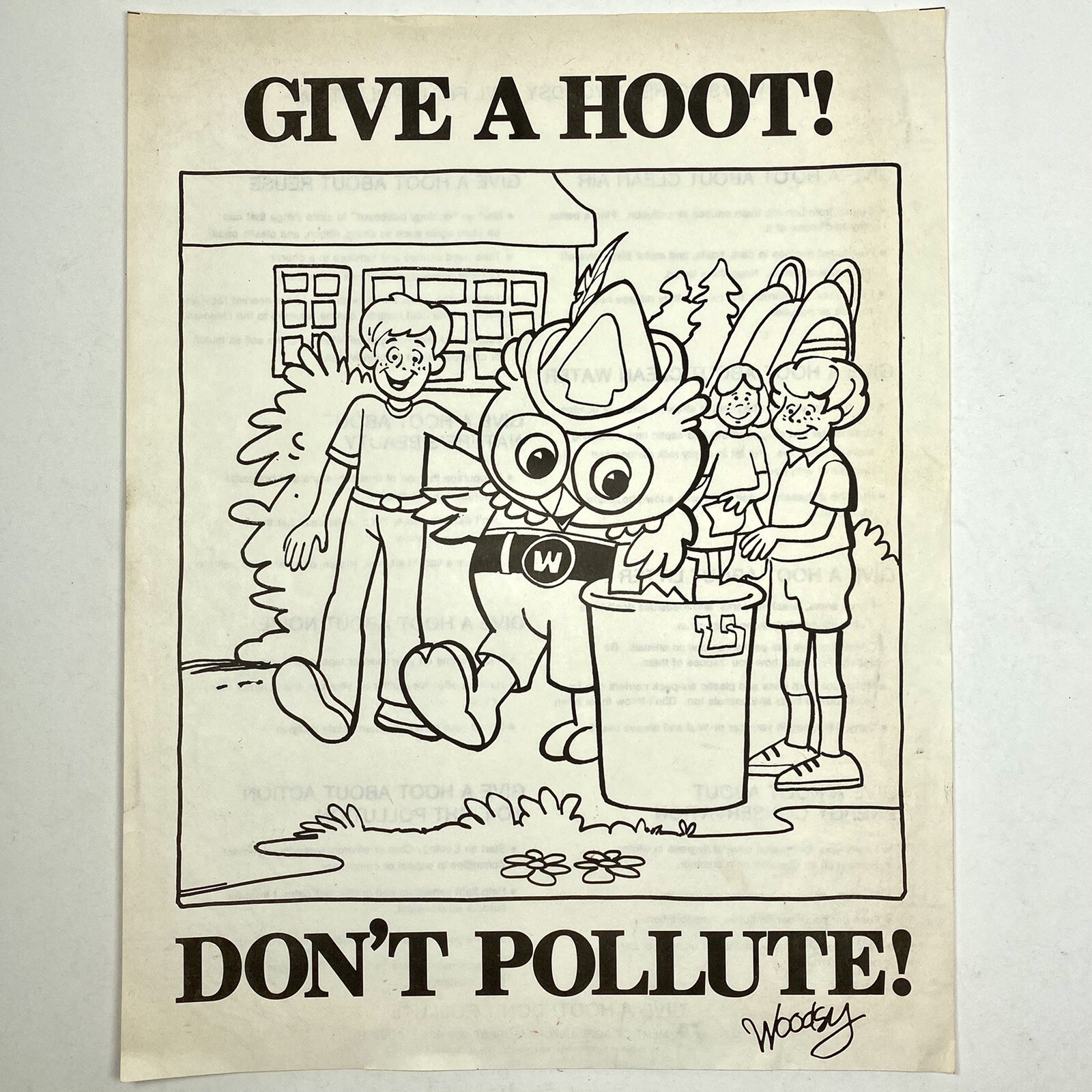 Woodsy The Owl Vintage 1979 Coloring Book Paper Sheet 1970’s Give Hoot Pollute