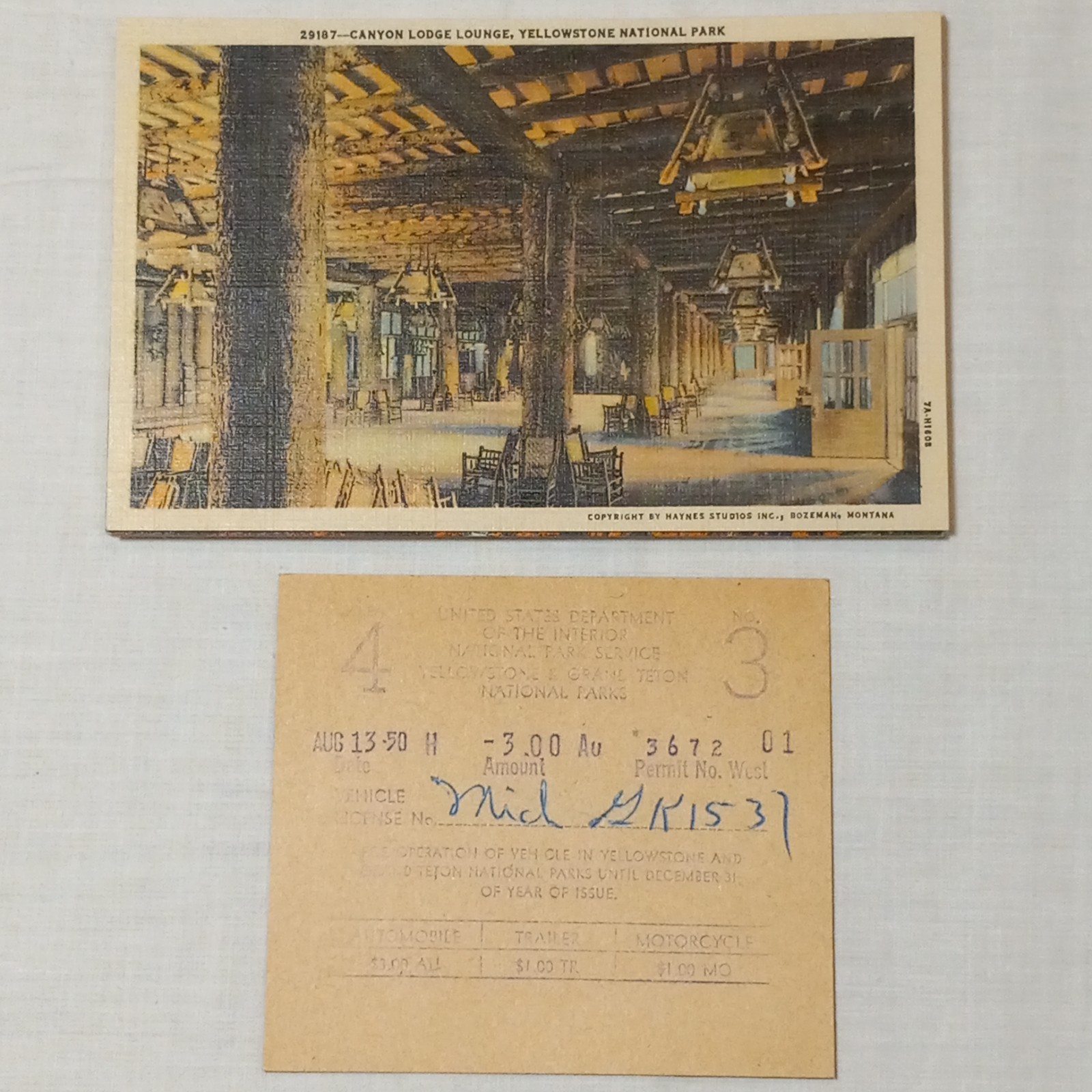 1950 Yellowstone National Park Ticket Permit + 9 Unposted Linen Postcards