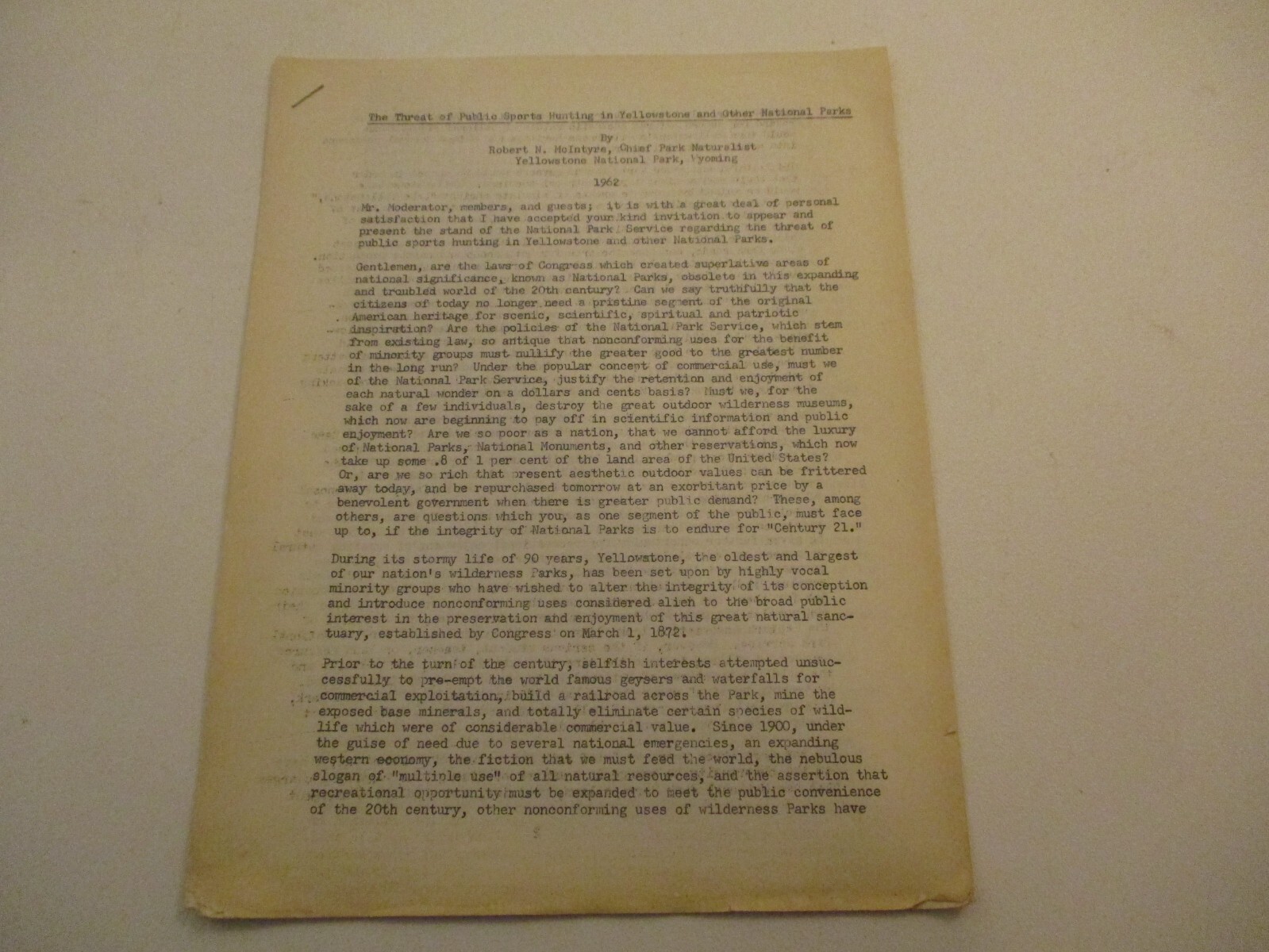 1962 Public Sport Hunting Yellowstone National Park Essay Speech Robert McIntyre
