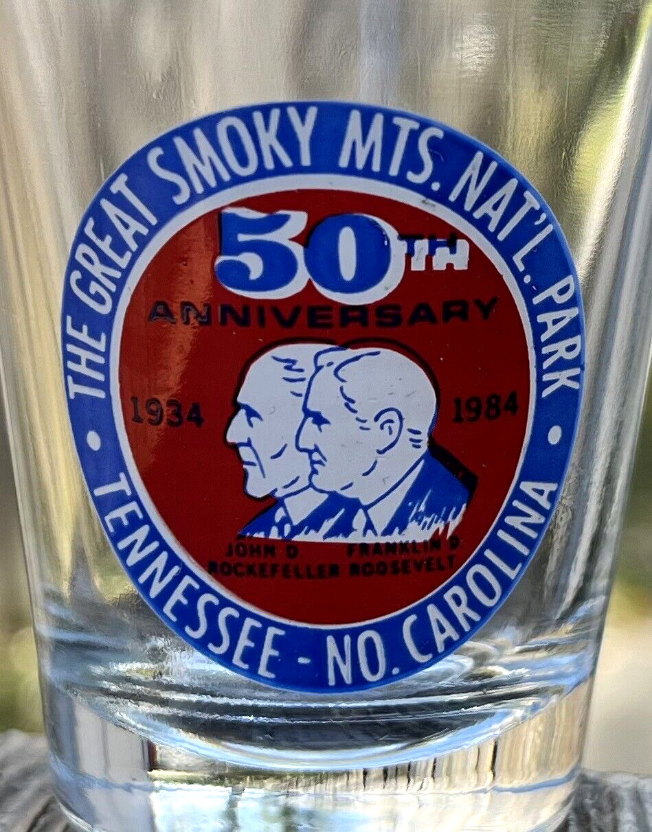 Great Smoky Mountains Nat’l Park 50th Anniversary Shot Glass Vintage 1984 NC TN