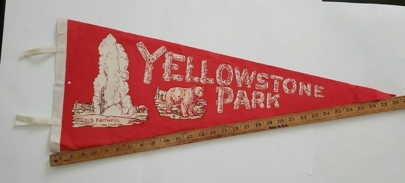 Vintage red souvenir Yellowstone Park Old Faithful Geyser Bear Pennant Felt Flag