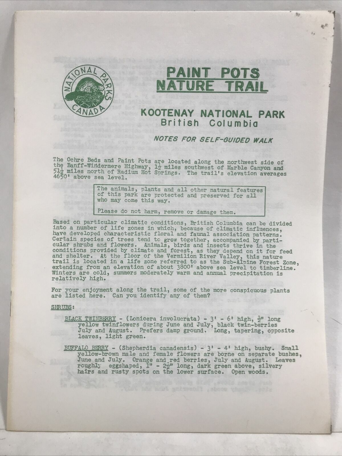 1955 PAINT POTS NATURE TRAIL KOOTENAY NATIONAL PARK British Columbia Canada Map