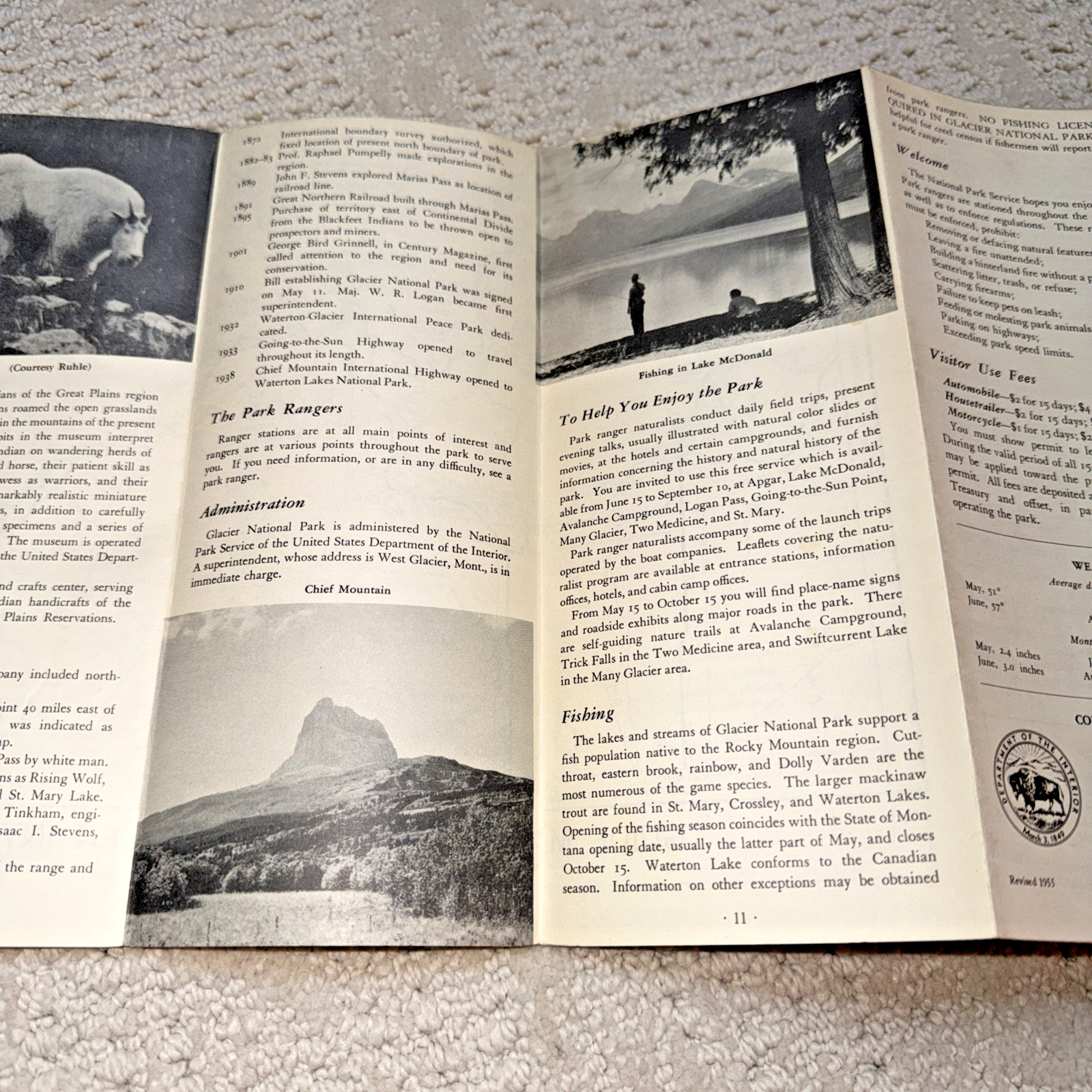 1950s GLACIER NATIONAL PARK Pewter BEAR KEYCHAIN / FOB & Brochure / Map