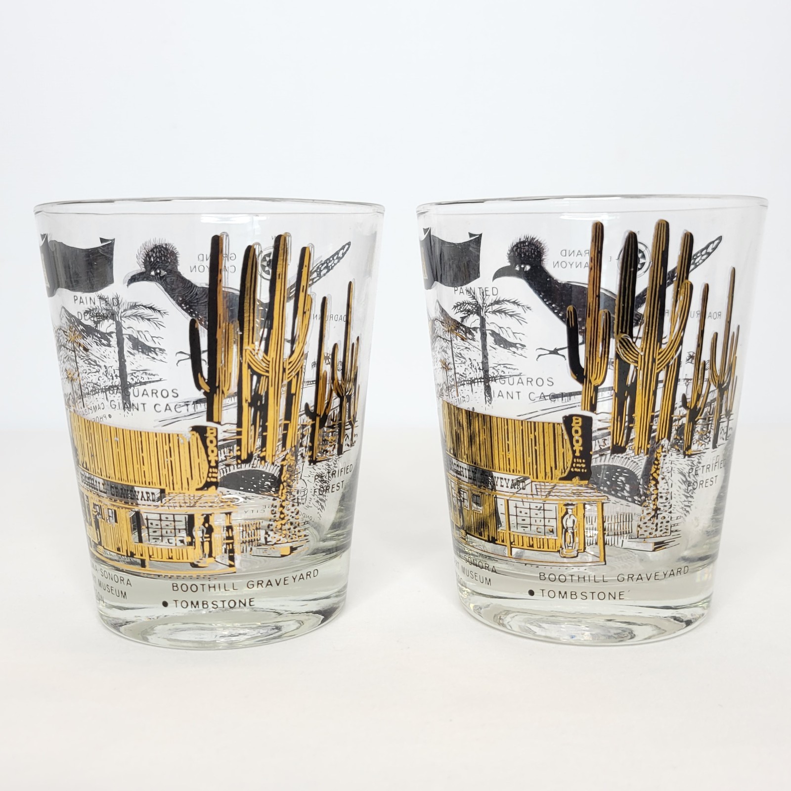 Set of 4 Vintage Mid Century Arizona Parks Low Ball Glasses Black and Gold