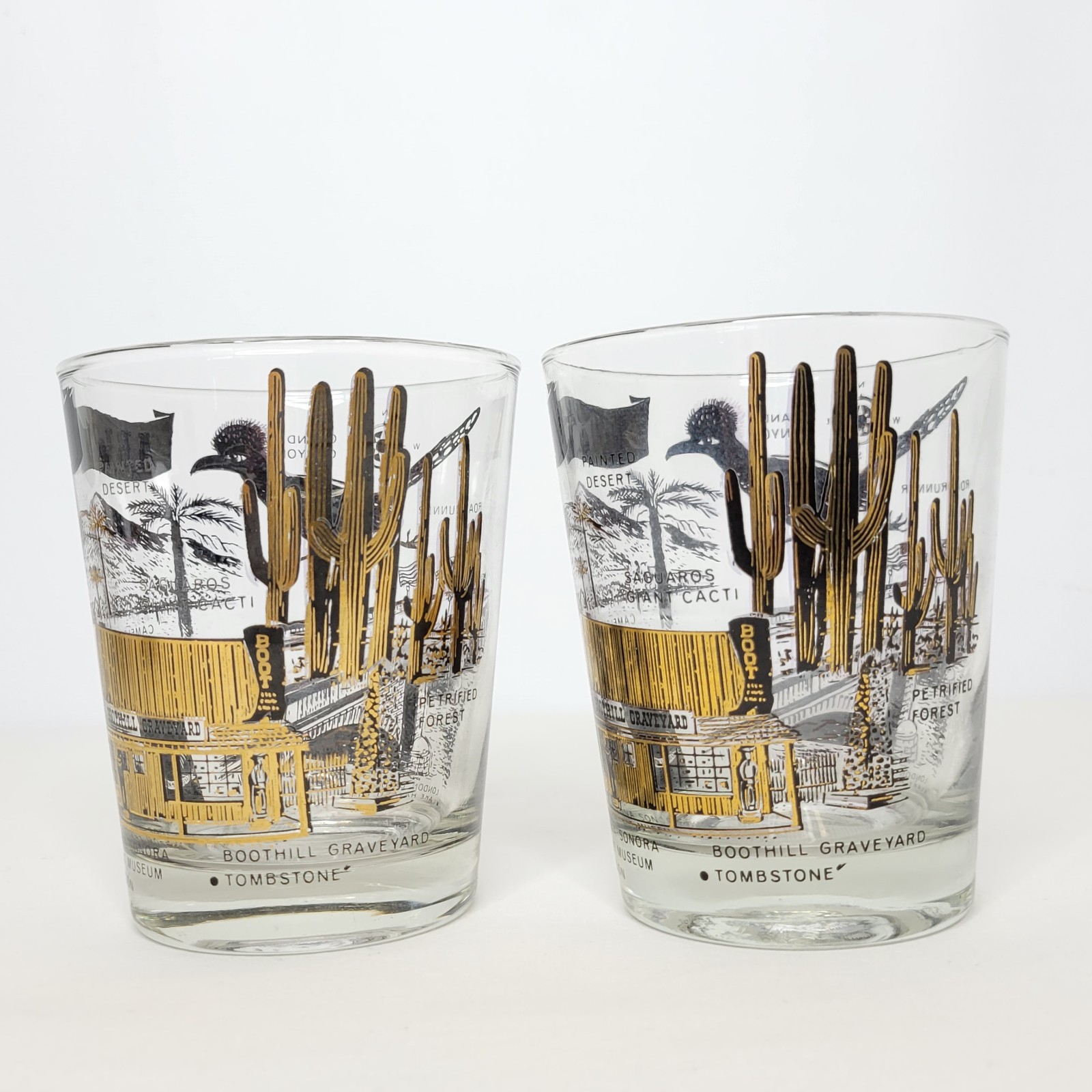Set of 4 Vintage Mid Century Arizona Parks Low Ball Glasses Black and Gold