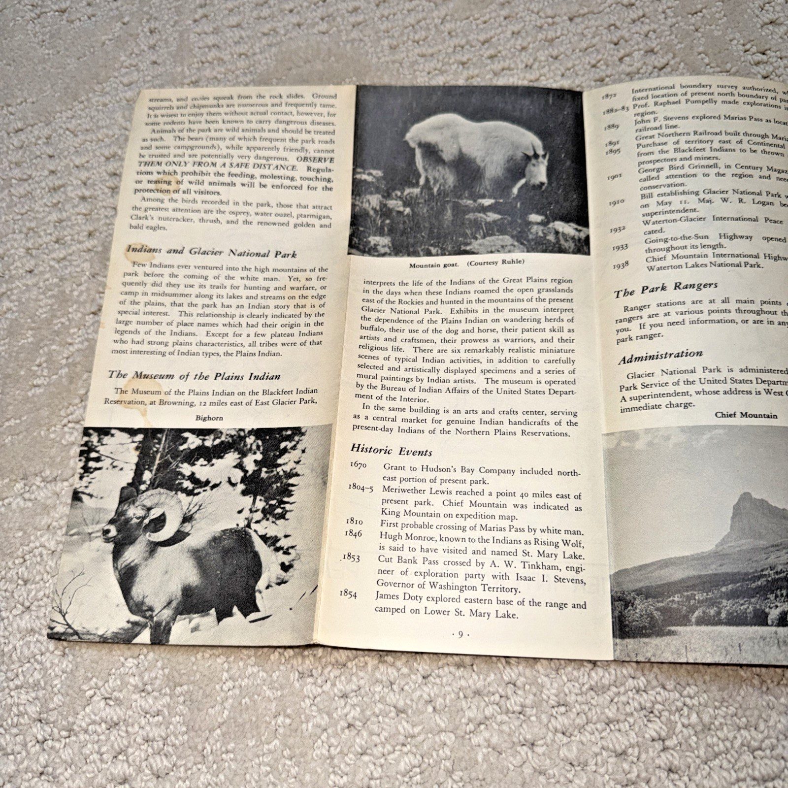 1950s GLACIER NATIONAL PARK Pewter BEAR KEYCHAIN / FOB & Brochure / Map