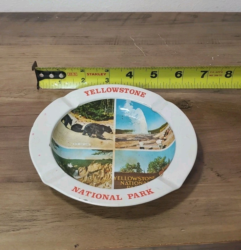Vintage 5 1/2” Metal Tin Yellowstone National Park Souvenir Ashtray Hong Kong