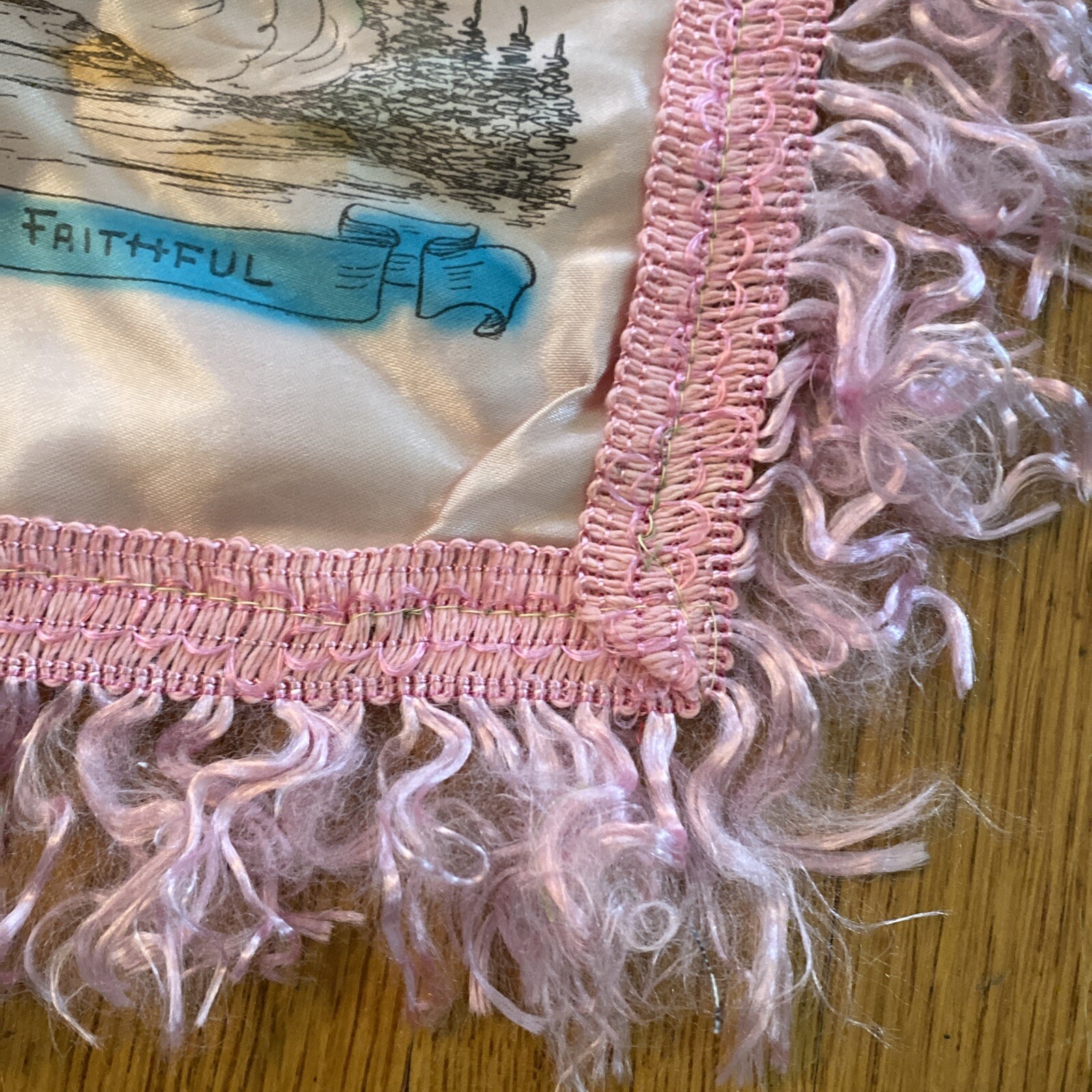 Vintage Yellowstone Park Souvenir Pillow Cover Pink Satin Sham w/ Fringe + Poem