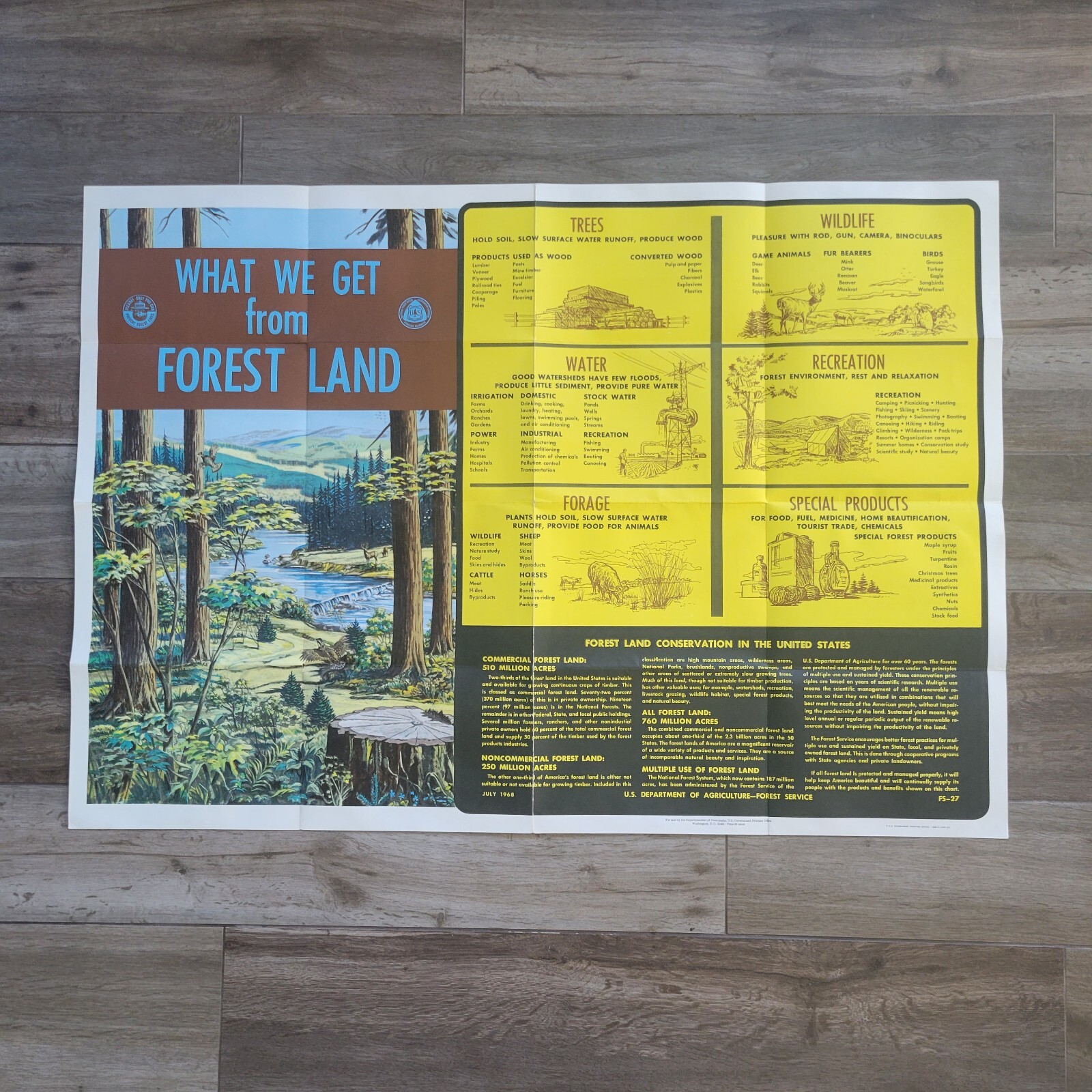 Vintage 1968 US National Forest Service Poster Educational Smokey the Bear 40×32