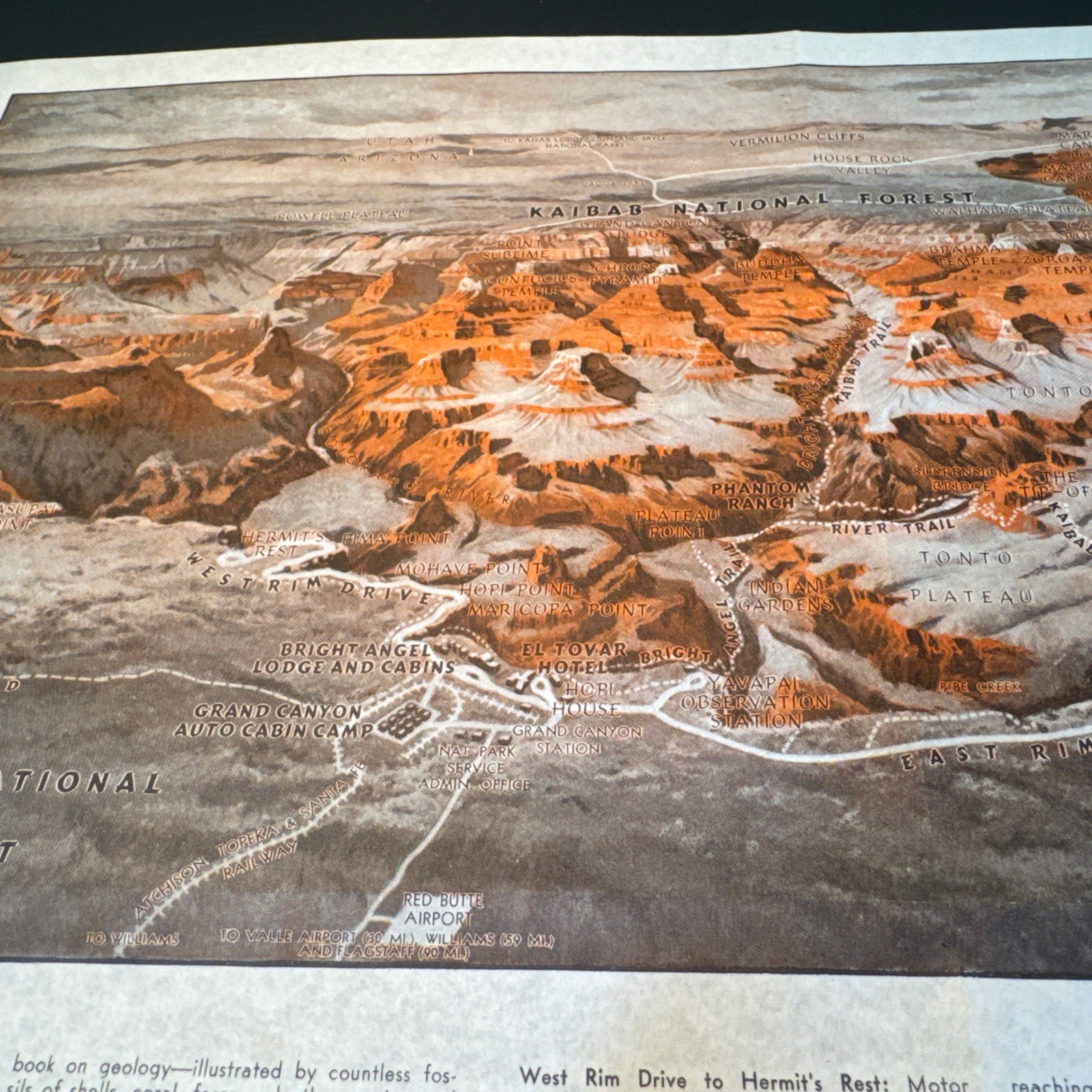 1948 Kaibab National Forest Map El Tavar Hotel, Bright Angels AZ Fred Harvey vtg