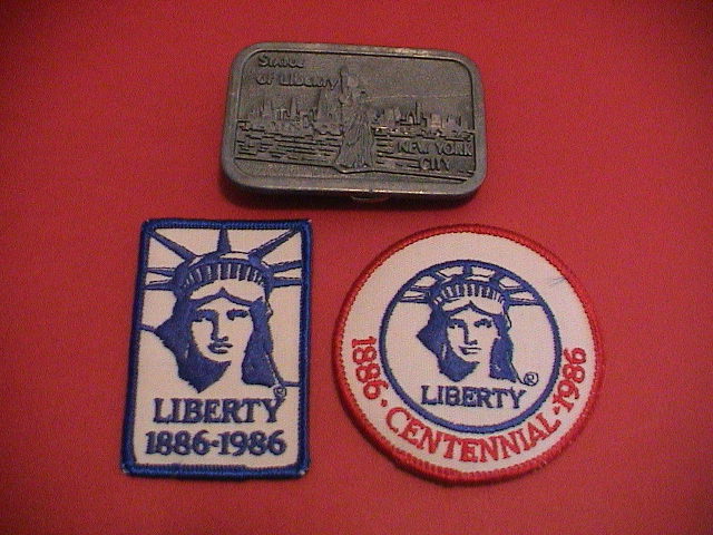LOT /3 STATUE LIBERTY NEW YORK LIBERTY ISLE 1886-1986 BELT BUCKLE & NEW PATCHES