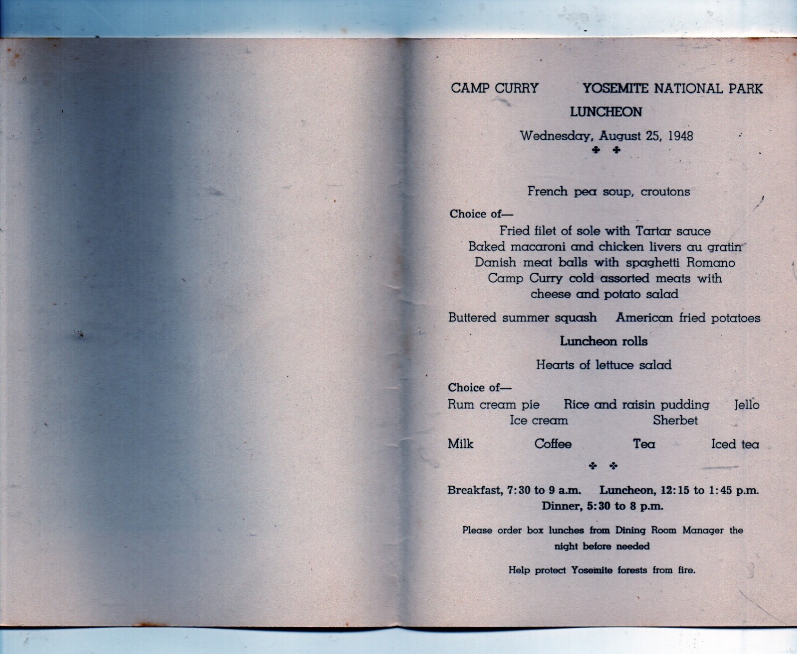 1948 Camp Curry Yosemite National Park Lunch Menu showing Yosemite Falls