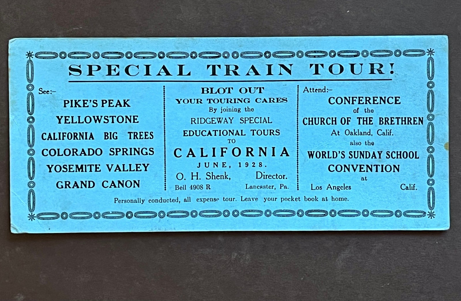 YOSEMITE YELLOWSTONE GRAND CANYON CALIFORNIA BIG TREES 1928 TRAIN TOUR BLOTTER