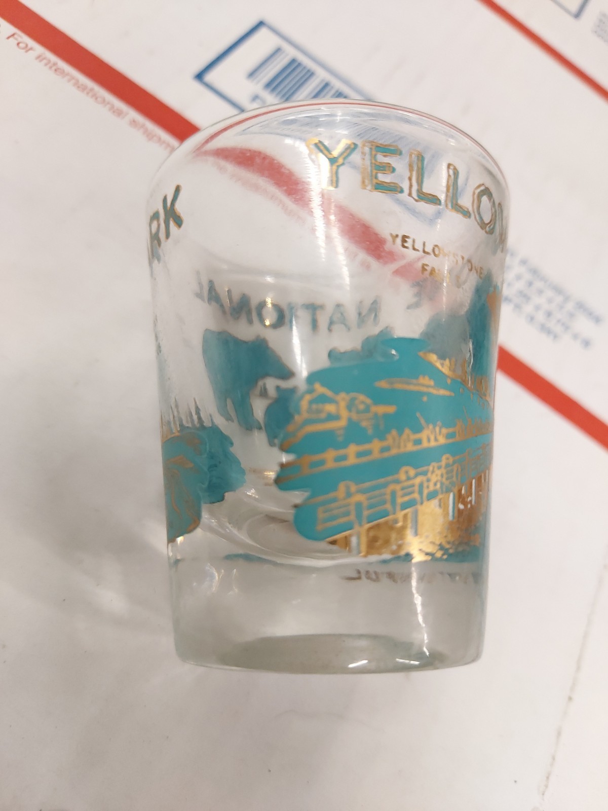 VTG Yellowstone National Park Souvenir Glass Tall, Blue/Gold