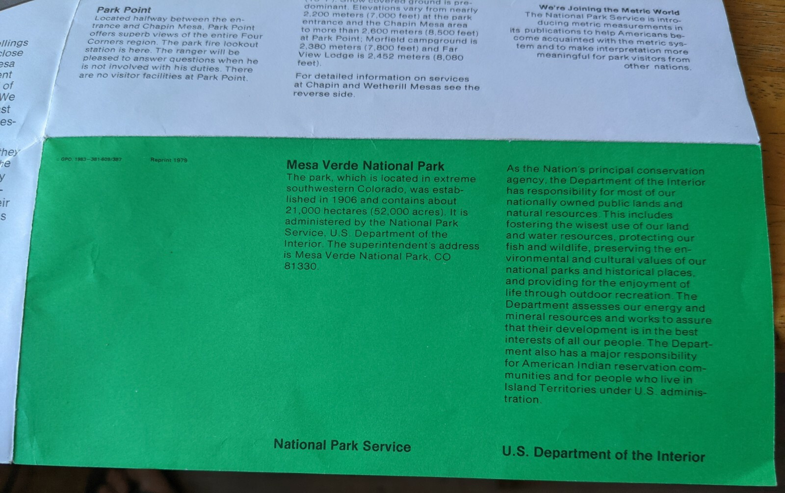 1983 MESA VERDE NATIONAL PARK. SOUVENIR FOLDOUT MAP, TOUR GUIDE. U.S DEPART. INT