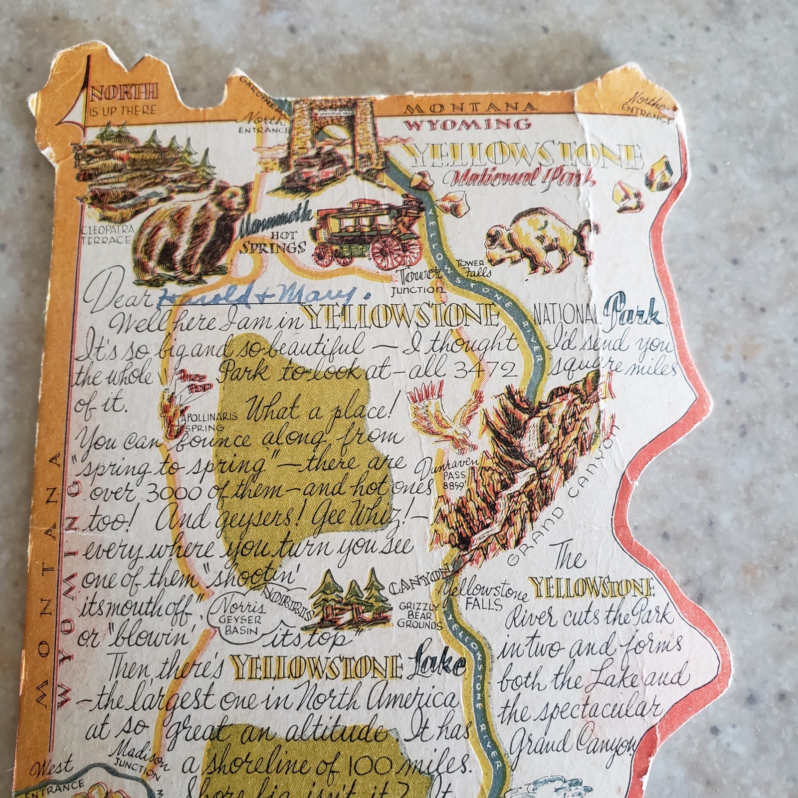 Vintage Yellowstone National Park Postcard Map DieCut 1948