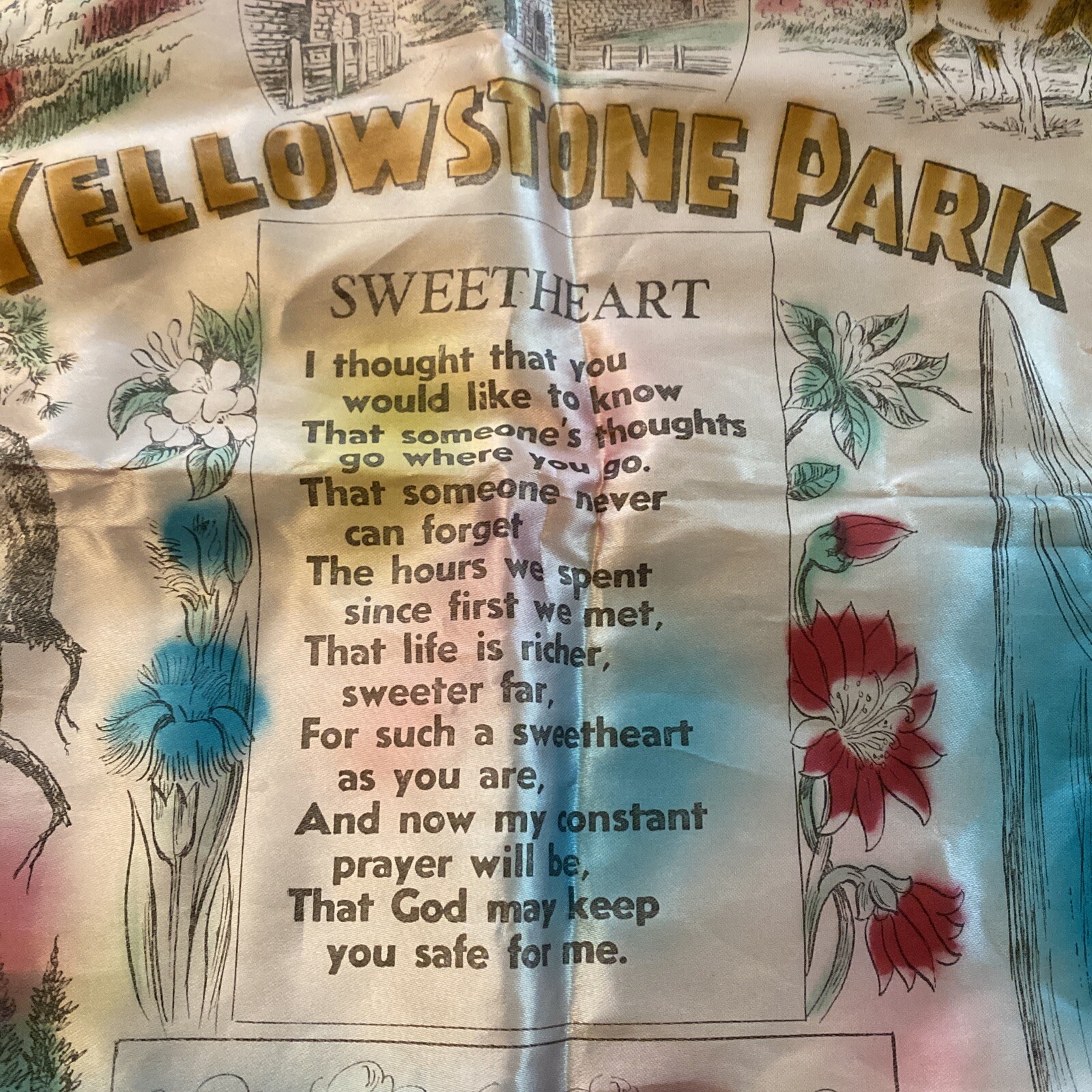 Vintage Yellowstone Park Souvenir Pillow Cover Pink Satin Sham w/ Fringe + Poem