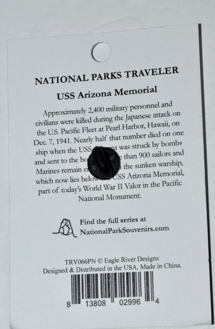 NPS “USS ARIZONA Memorial,” Lapel Pin (0.75″ x 1.00″ Oval) New on Original Card