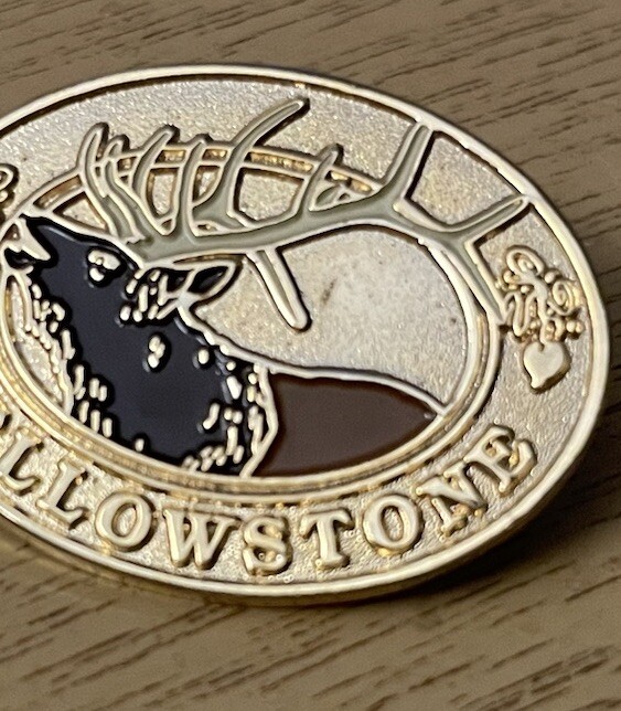 Yellowstone National Park Pin Wyoming USA DK Deer Elk Gold Tone 1.25” Lapel Pin