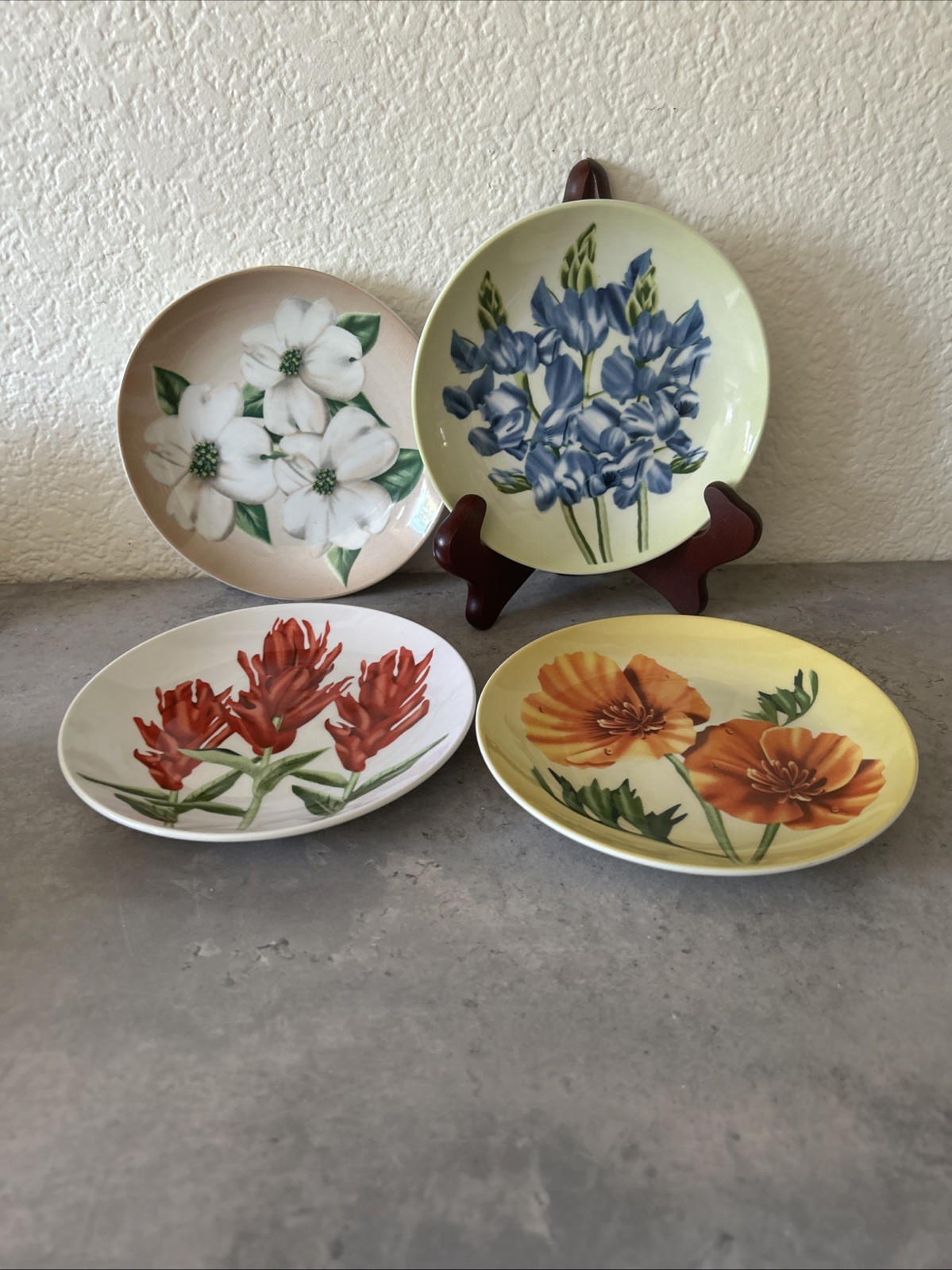 Set of 4 Yosemite Floral 6″ Dessert Plates Parks-Resorts Poppies-Lupin-Dogwood