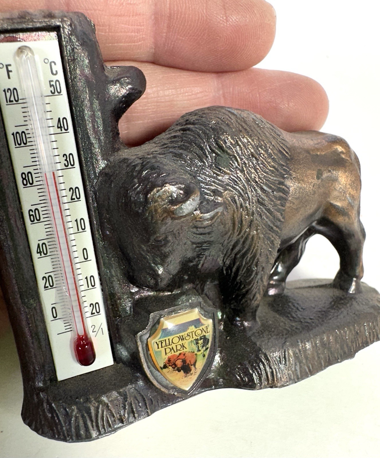 Vintage Yellowstone Park Brass Buffalo Thermometer Travel Souvenir Figurine
