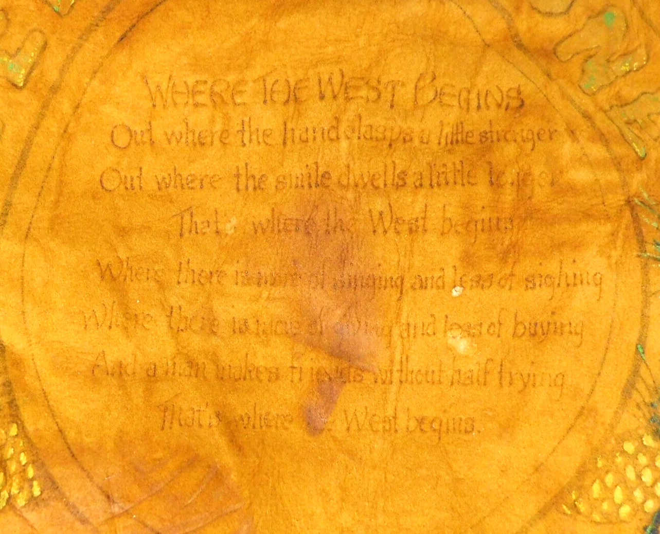 Vtg RARE Handcrafted Cowhide Yellowstone National Park Pillow Sham Poem Folk Art