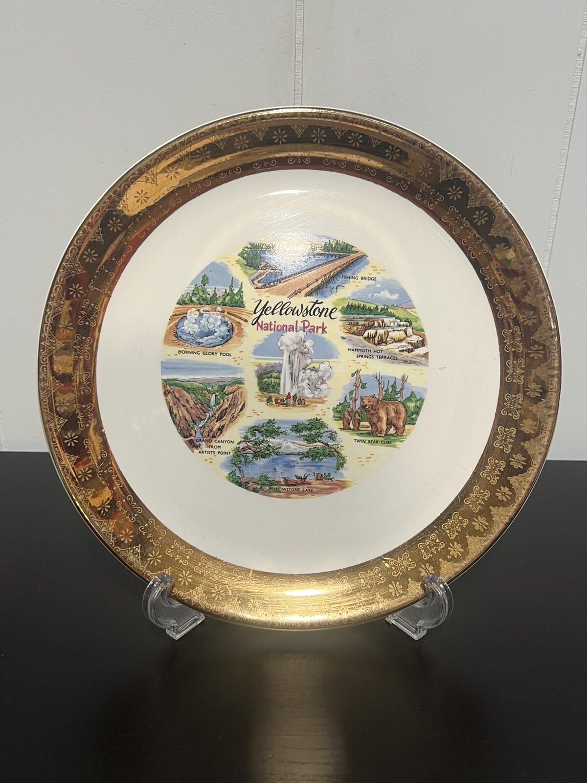 Vintage Yellowstone National Park Souvenir 10 1/4″ Plate Old Faithful Mammoth