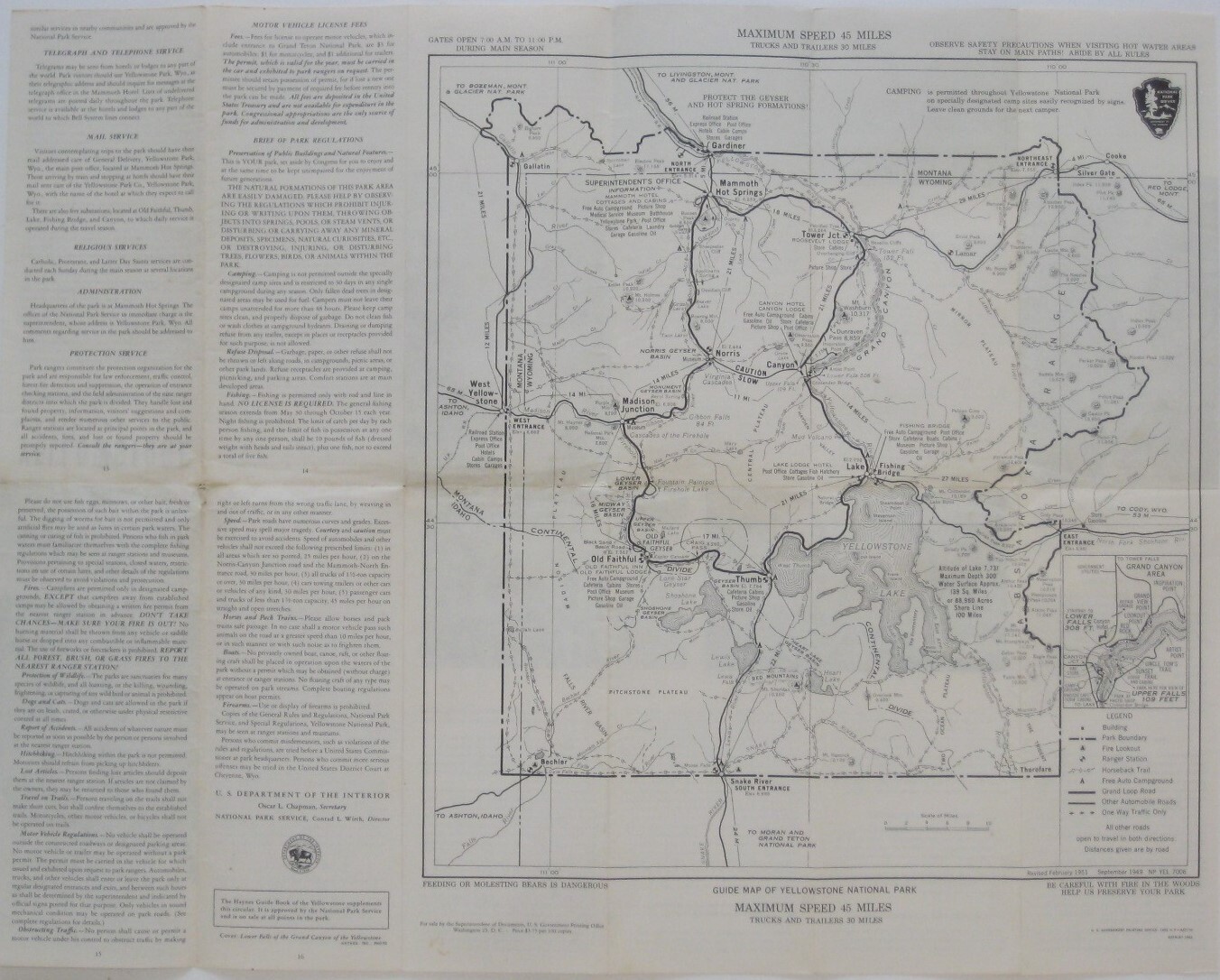 Official 1951 Road Map Brochure YELLOWSTONE NATIONAL PARK Montana Wyoming Idaho